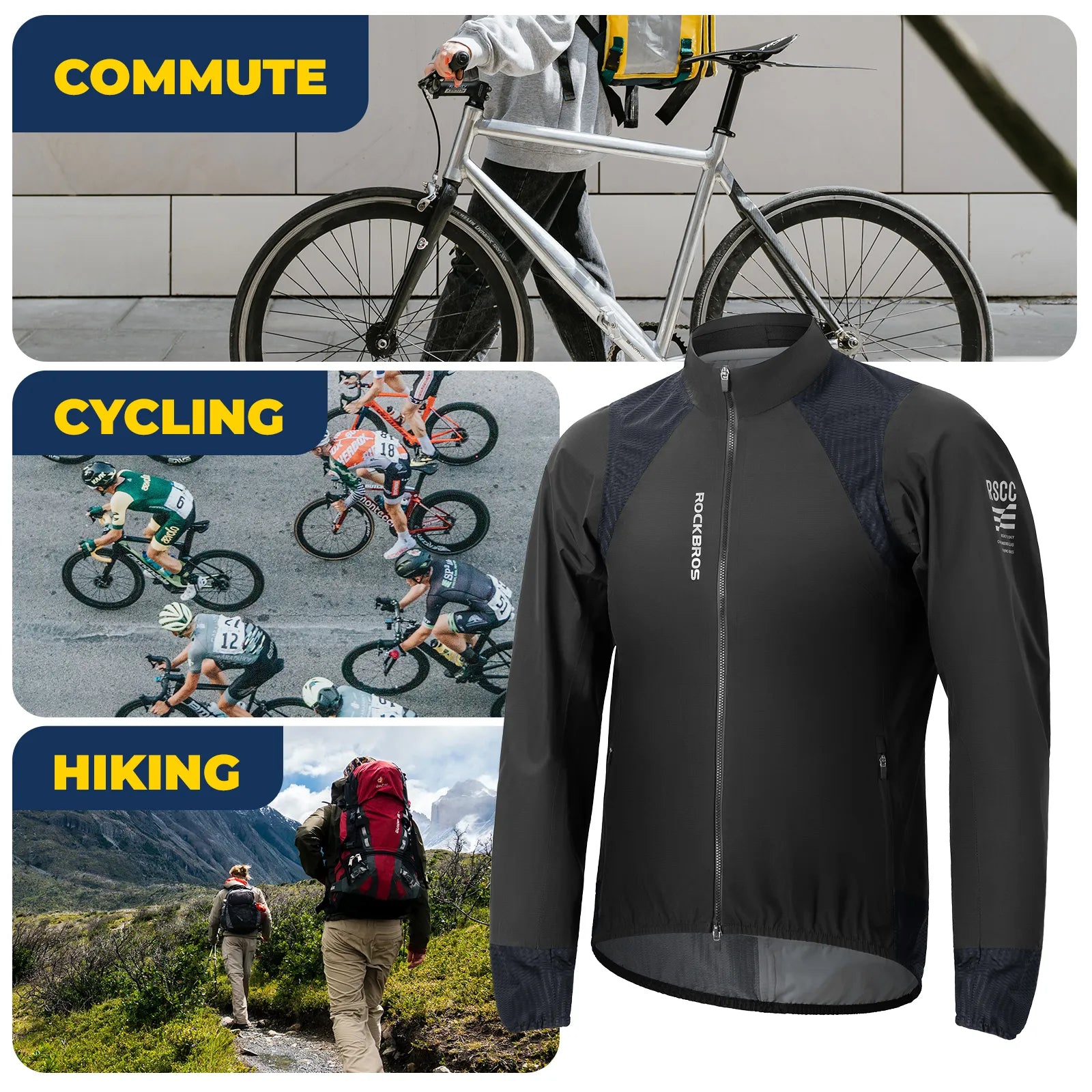 ROCKBROS men's lightweight water-resistant cycling jacket in black, front view