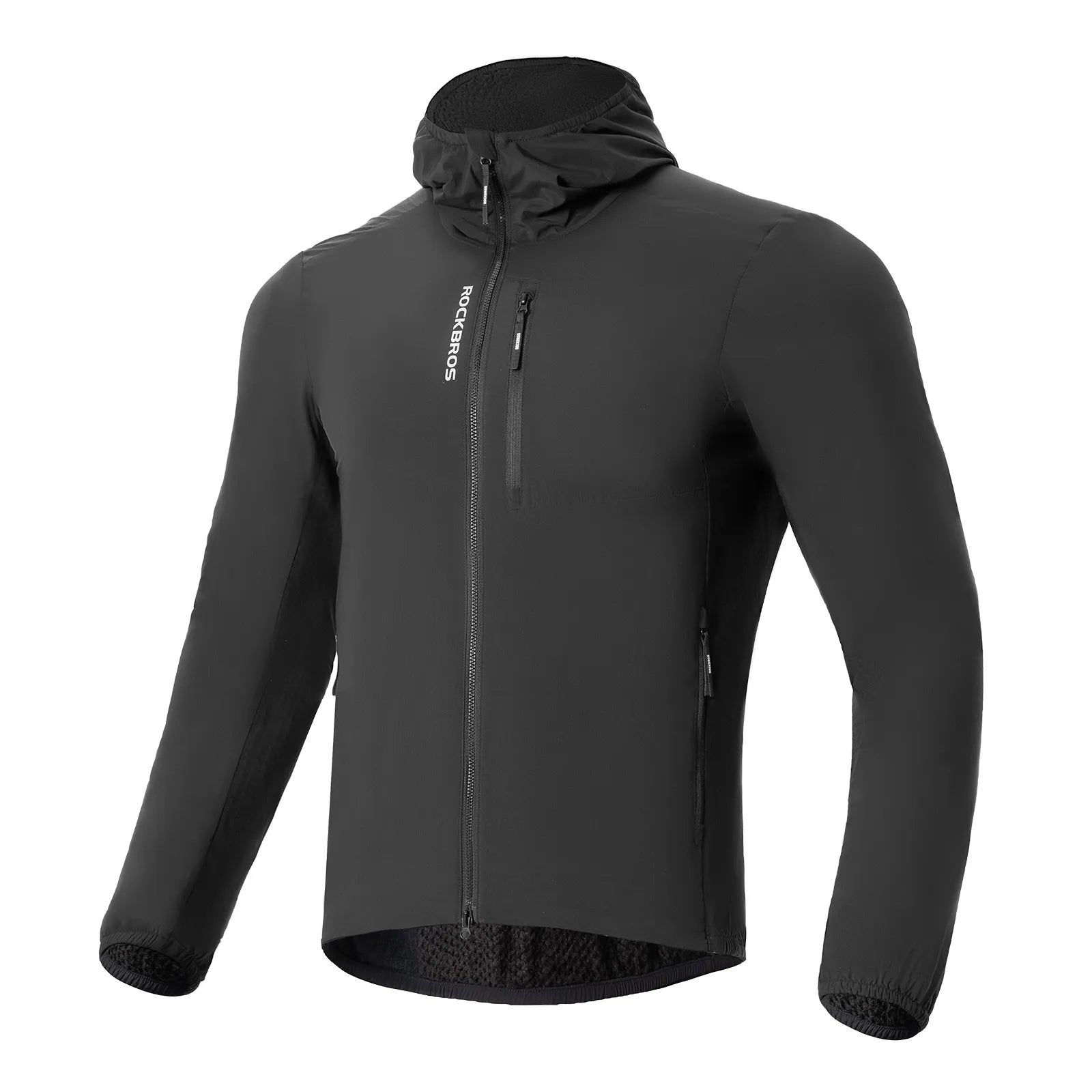 Rockbros men's thermal cycling jacket in black, winter fleece-lined bike jacket front view.