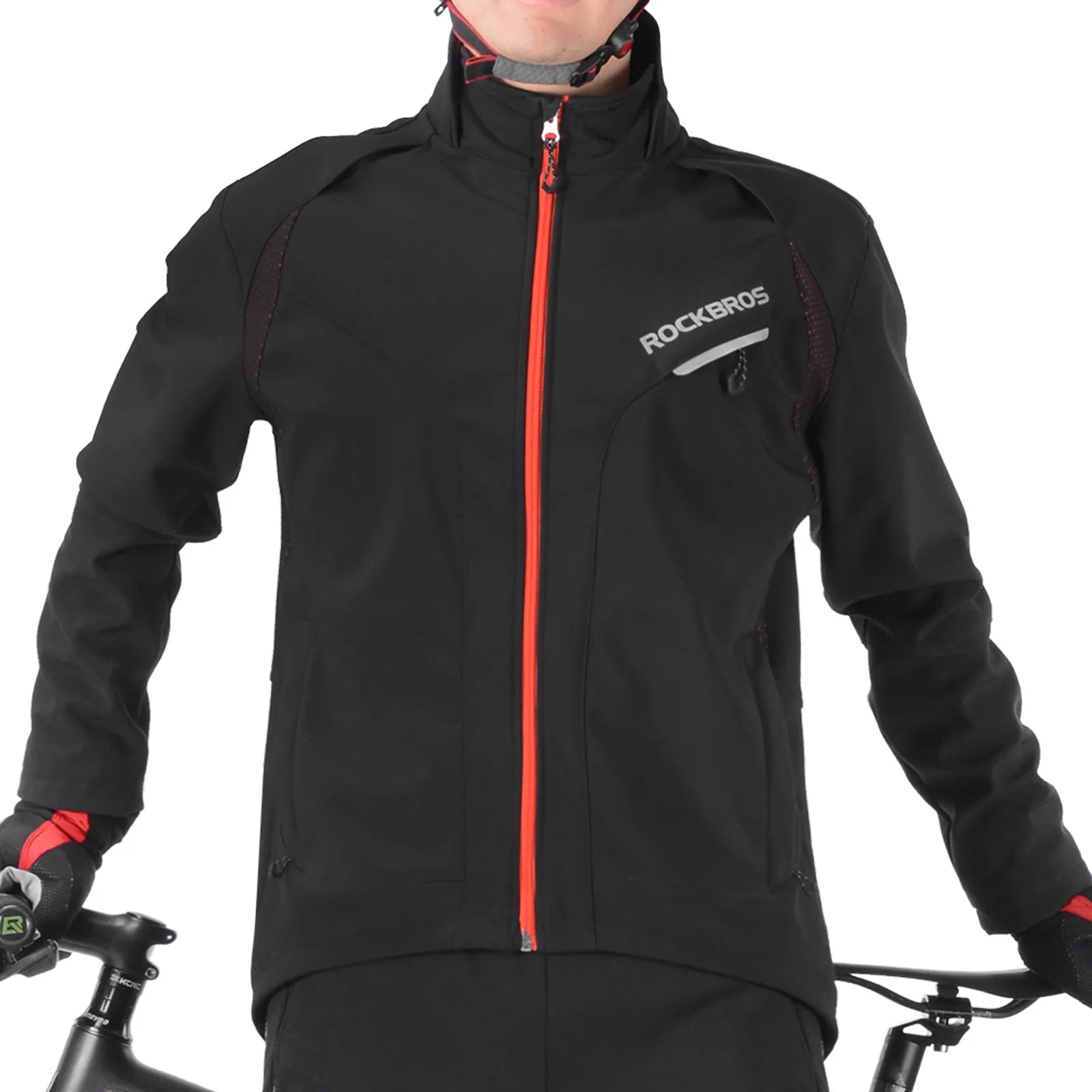 Rockbros men's thermal softshell cycling jacket in black, 3-layer winter protection windproof bike jacket front view