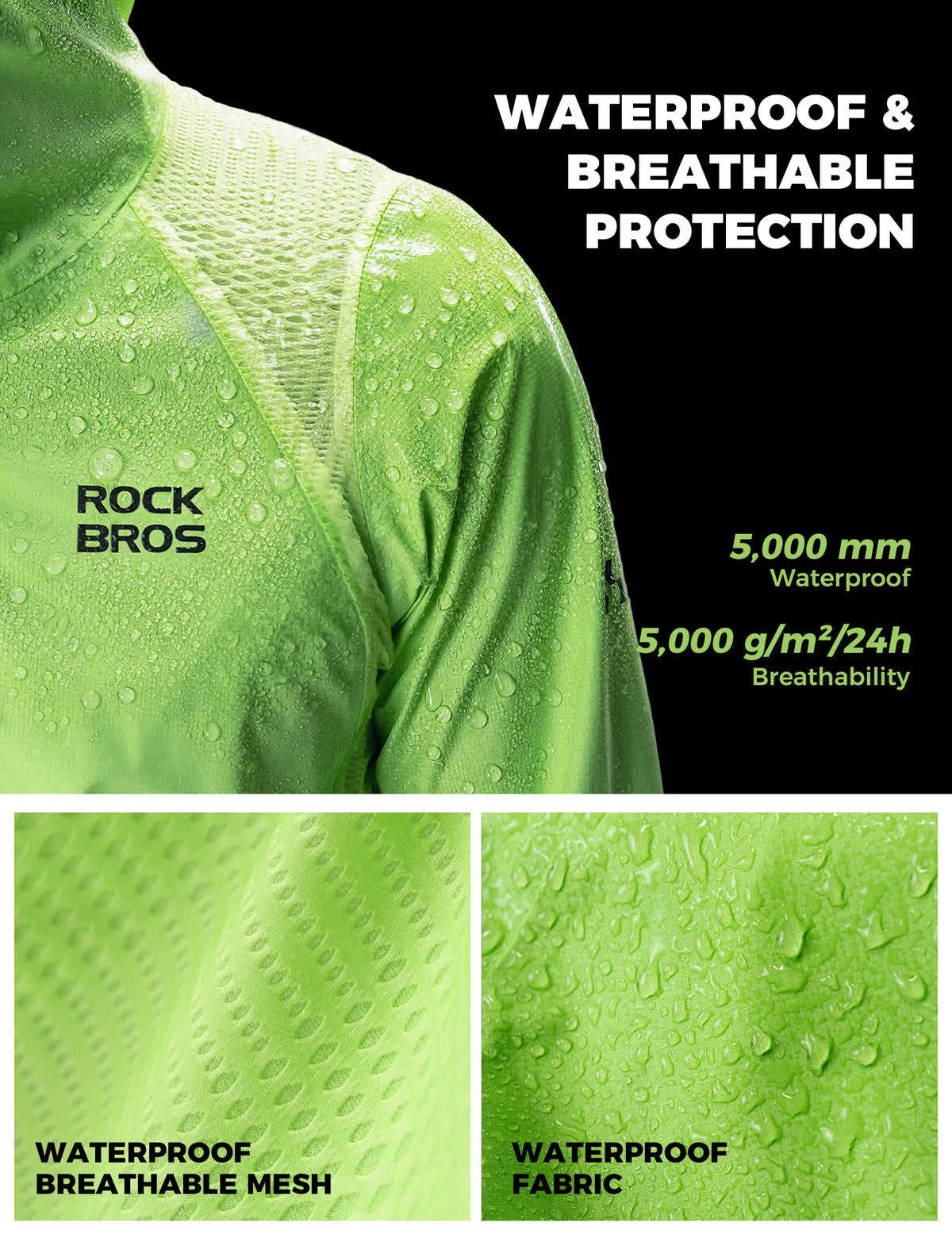 ROCKBROS Men’s Waterproof Cycling Jacket 5000mm, High-Visibility Fluorescent Yellow