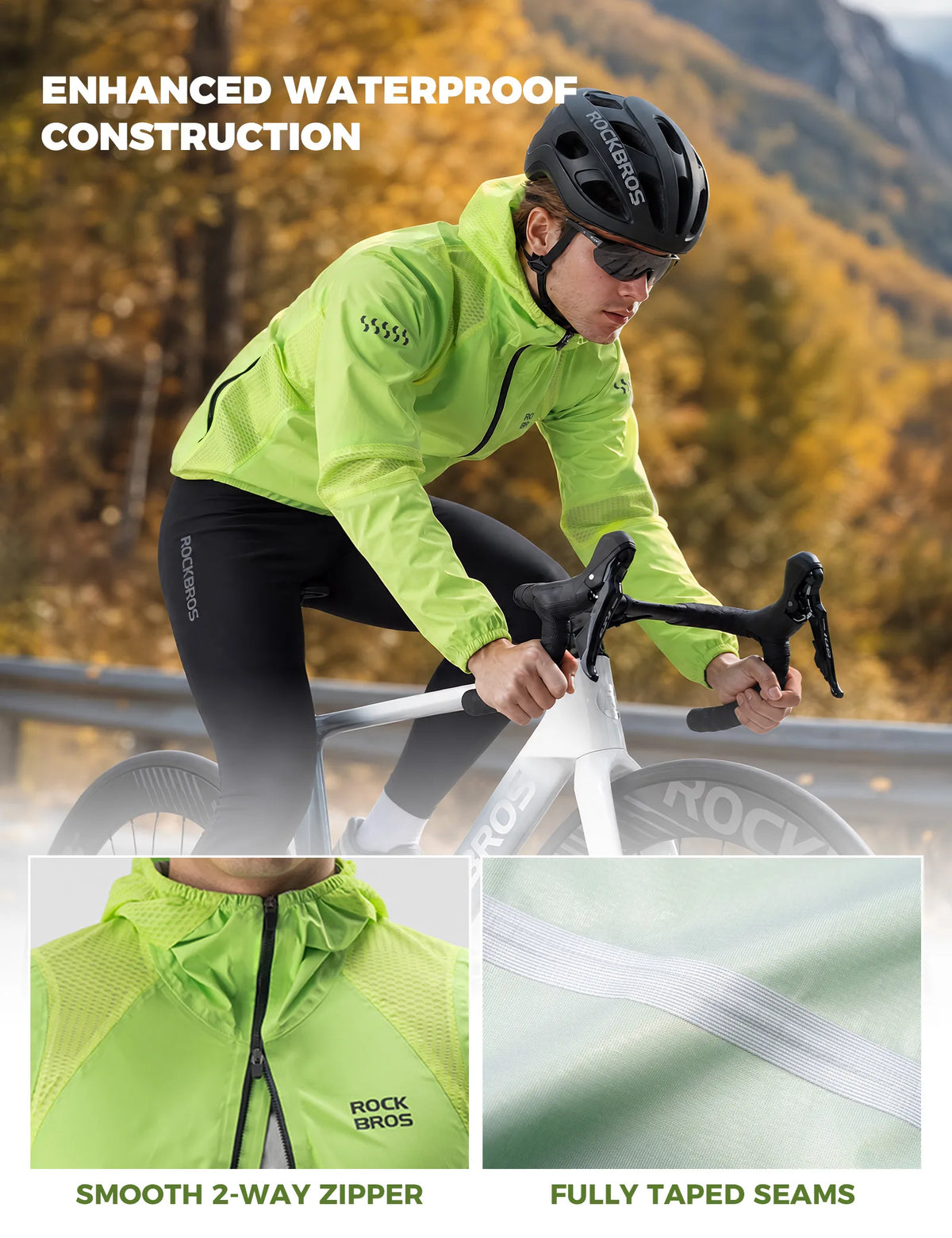 ROCKBROS Men’s Waterproof Cycling Jacket 5000mm, High-Visibility Fluorescent Yellow