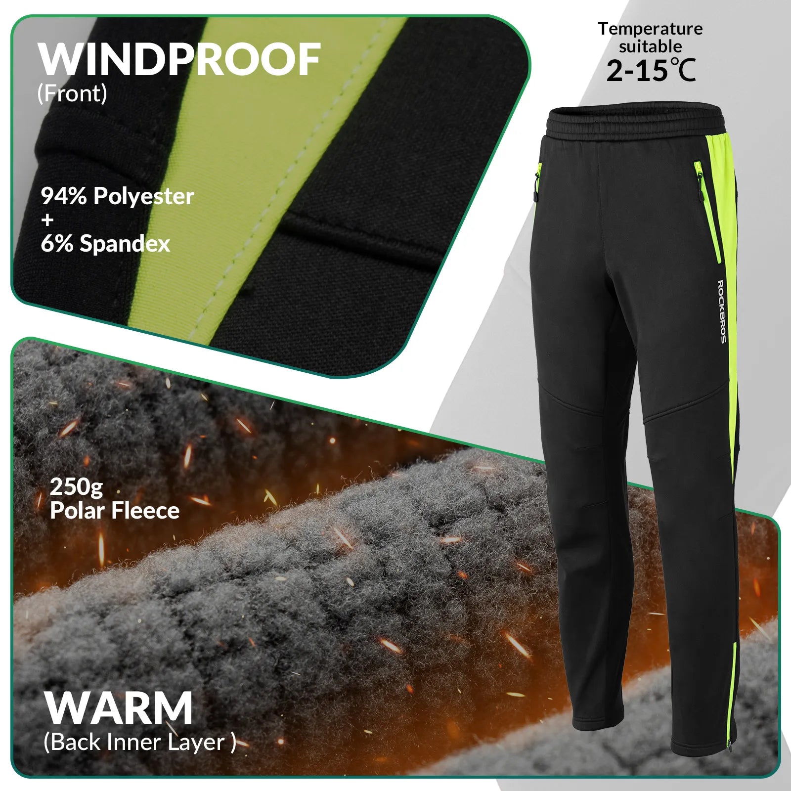 ROCKBROS Men's Windproof Cycling Pants with Soft Fleece Lining for Winter