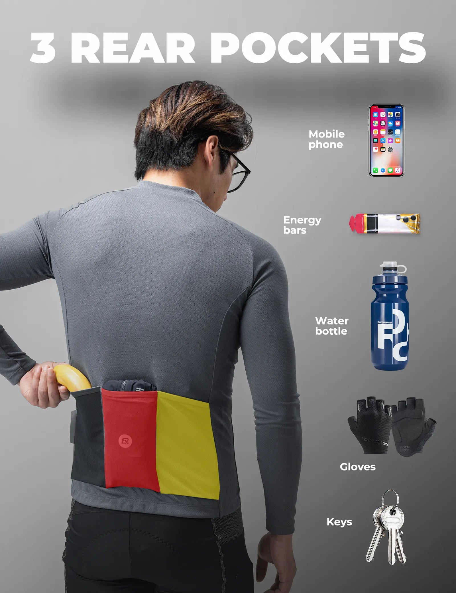 ROCKBROS Men's Zephyra Long Sleeve Cycling Jersey - Lightweight Breathable Half Zip Bike Shirt Front View.
#color_grey