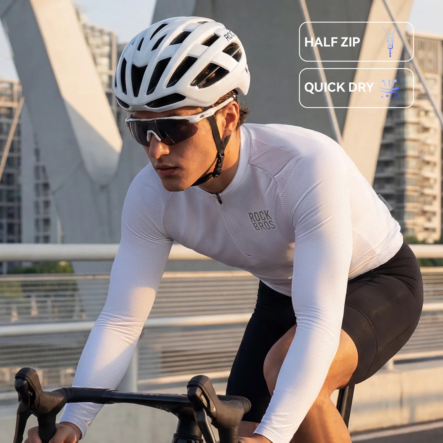 ROCKBROS Men's Zephyra Long Sleeve Cycling Jersey - Lightweight Breathable Half Zip Bike Shirt Front View