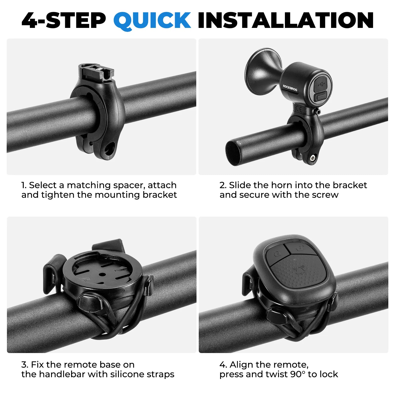 Compact and lightweight design of Rockbros electronic bicycle bell.
#color_black