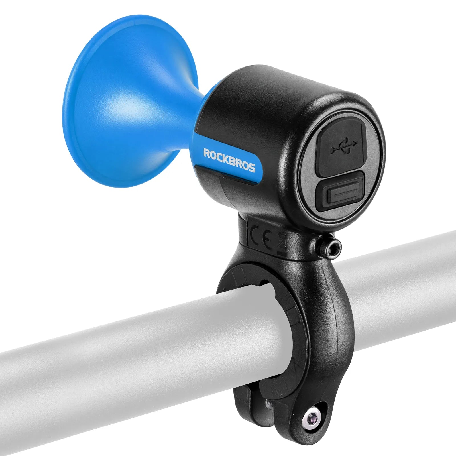 Compact and lightweight design of Rockbros electronic bicycle bell.
#color_blue