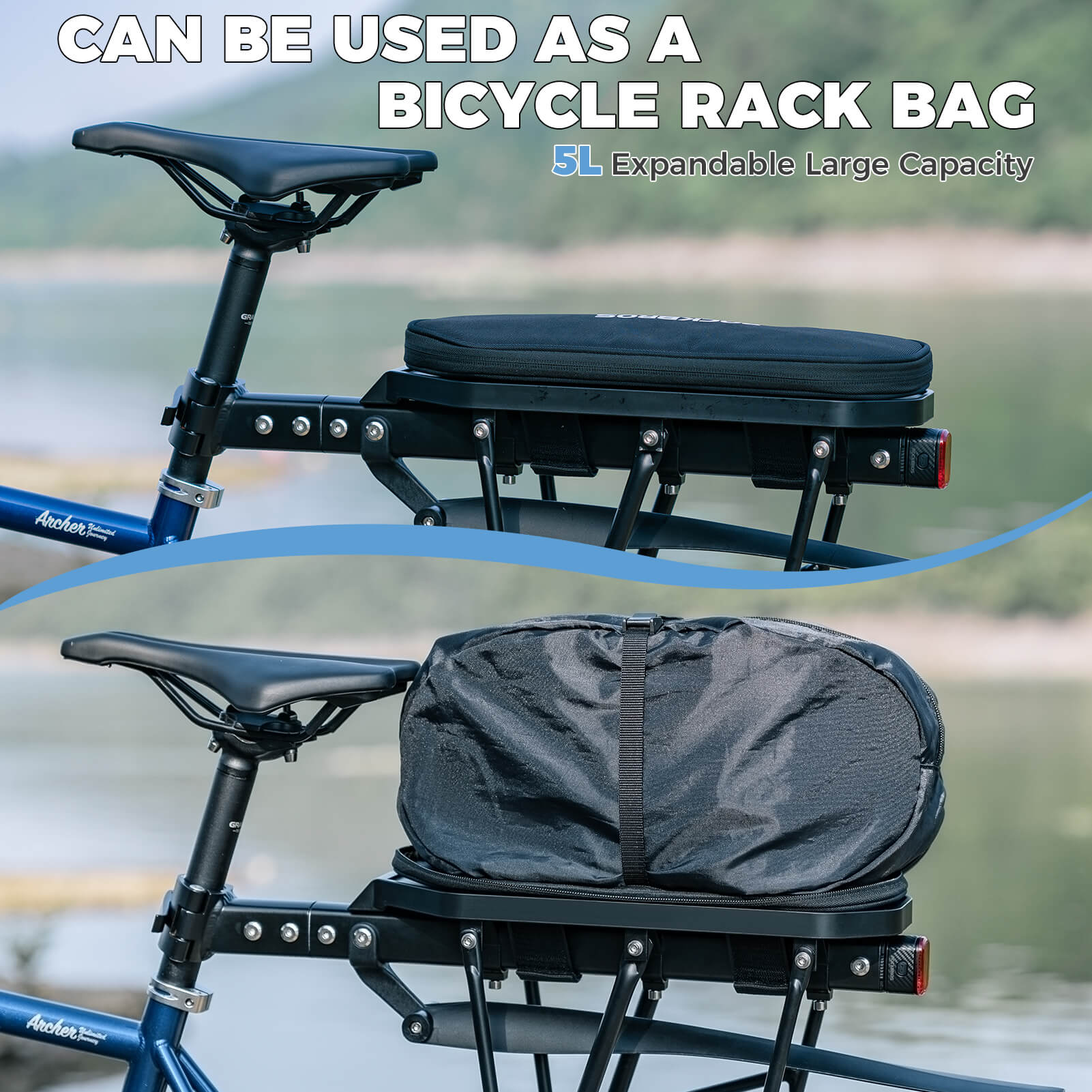 ROCKBROS 5L expandable MTB rear seat bag for mountain bike storage.