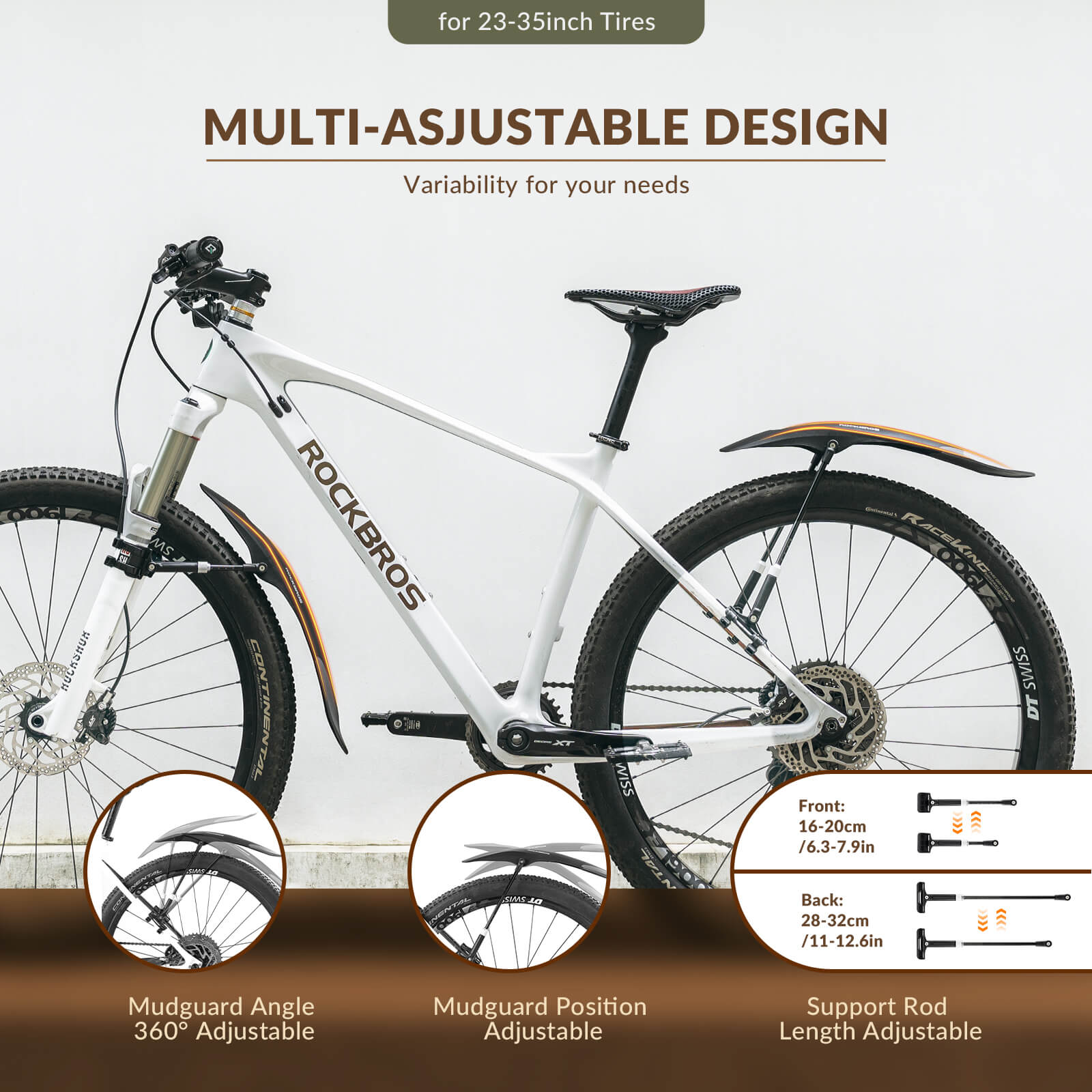 ROCKBROS Mountain Bike Mudguards Set, Adjustable Front and Rear Fenders for 26-29 inch MTB
#options_Front & Rear Fenders