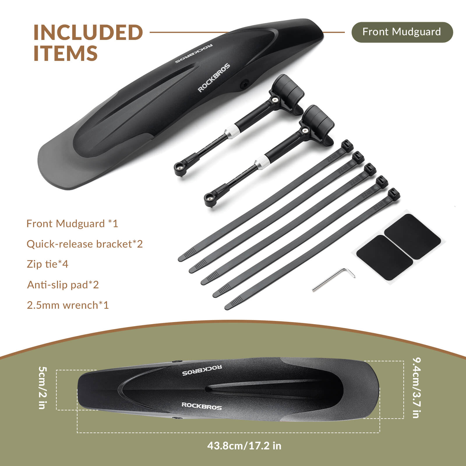 ROCKBROS Mountain Bike Mudguards Set, Adjustable Front and Rear Fenders for 26-29 inch MTB
#options_Front Fender