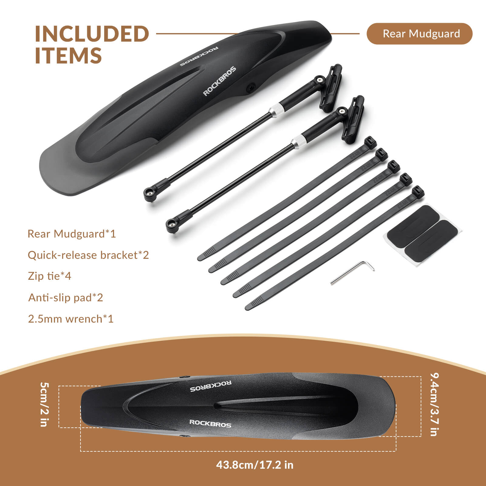 ROCKBROS Mountain Bike Mudguards Set, Adjustable Front and Rear Fenders for 26-29 inch MTB
#options_Rear Fender