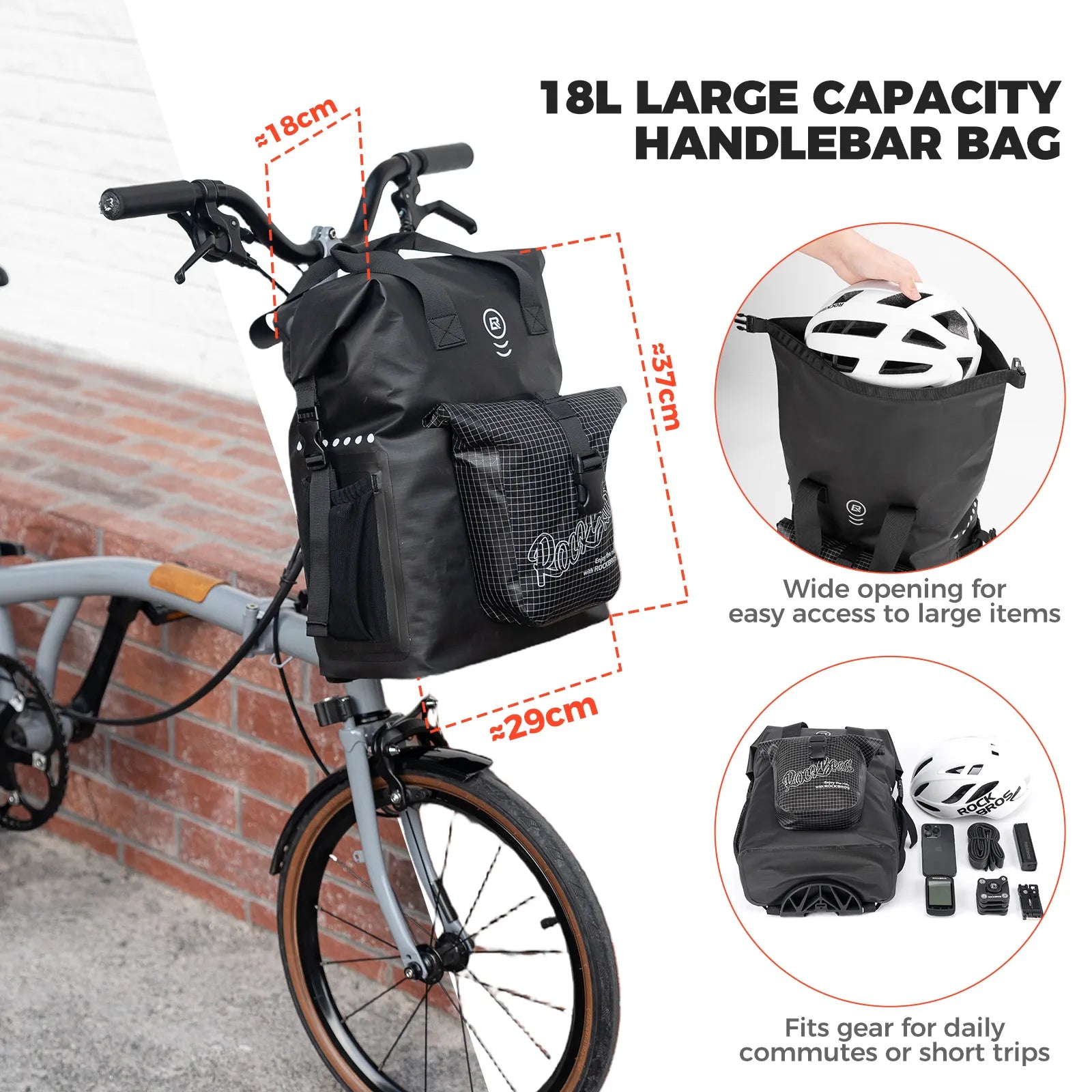 ROCKBROS 18L Nylon Folding Bicycle Pannier, Black Rolled-Open Design, Waterproof and Durable Rear Rack Bag.