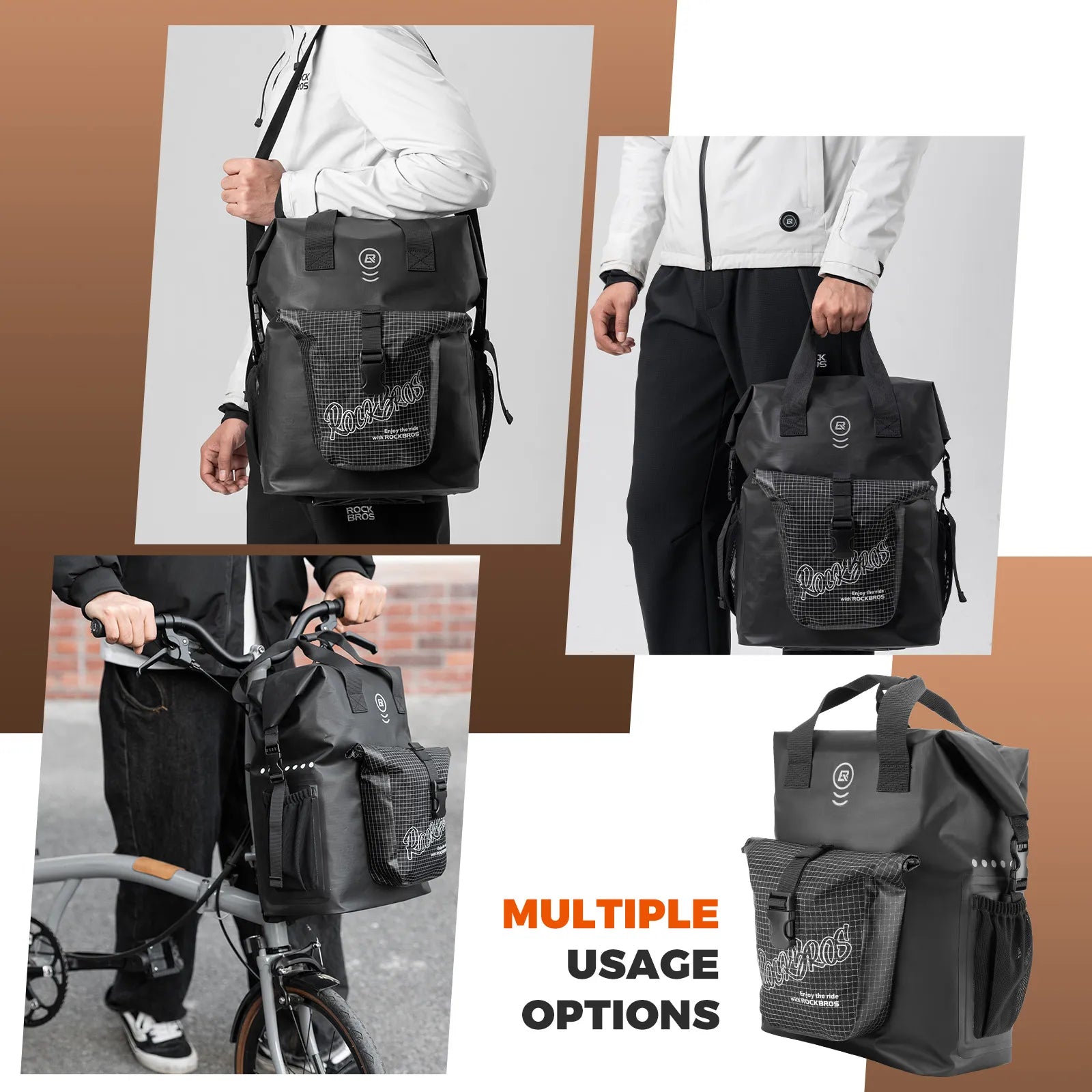 ROCKBROS 18L Nylon Folding Bicycle handlebar bags, Black Rolled-Open Design, Waterproof and Durable Rear Rack Bag.
