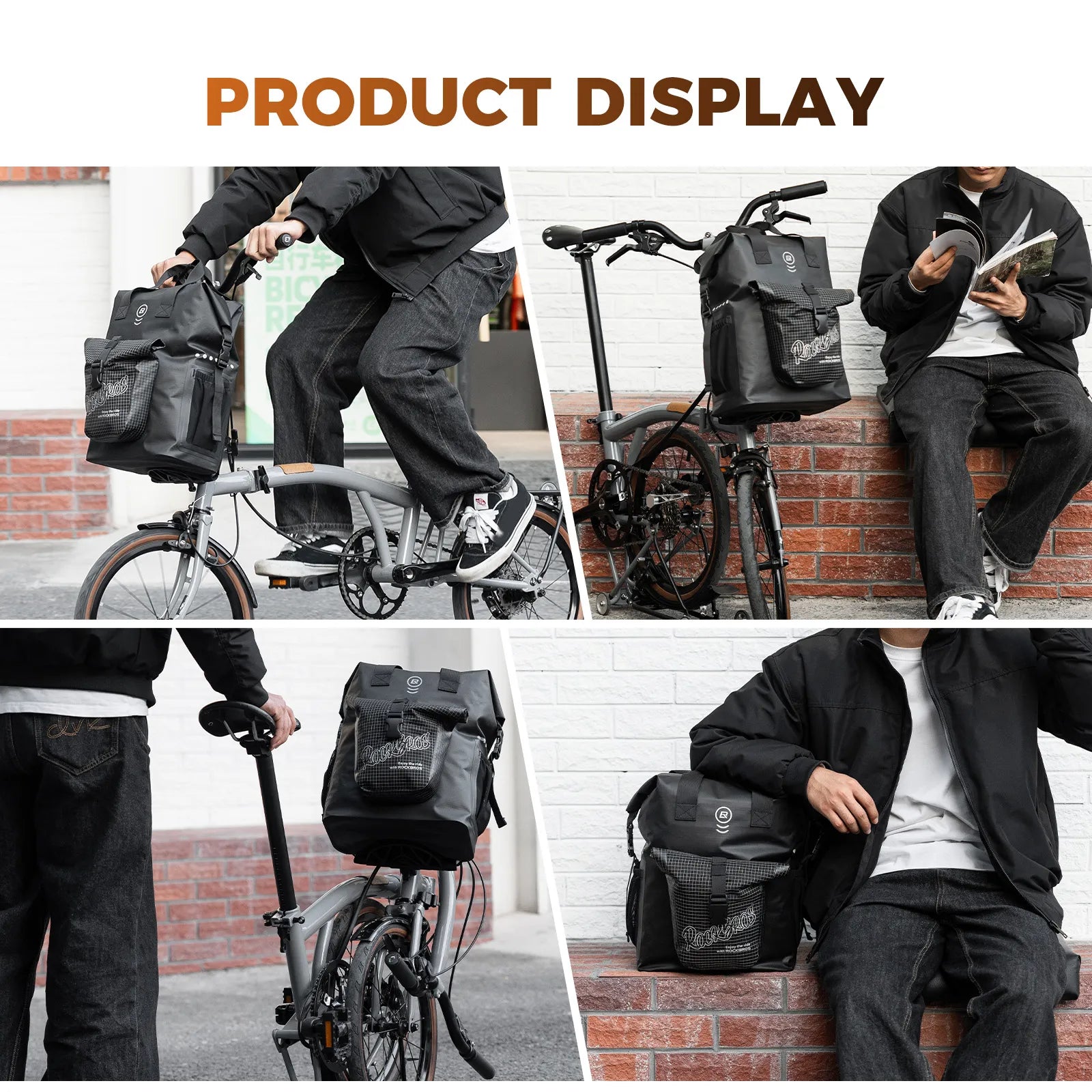 ROCKBROS 18L Nylon Folding Bicycle handlebar bags, Black Rolled-Open Design, Waterproof and Durable Rear Rack Bag.
