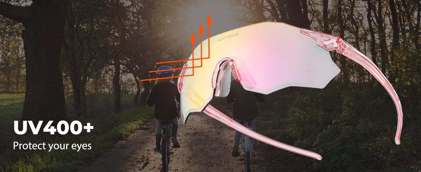 ROCKBROS photochromic cycling glasses lenses, featuring smart technology to adjust tint based on UV intensity for dynamic color adaptability.