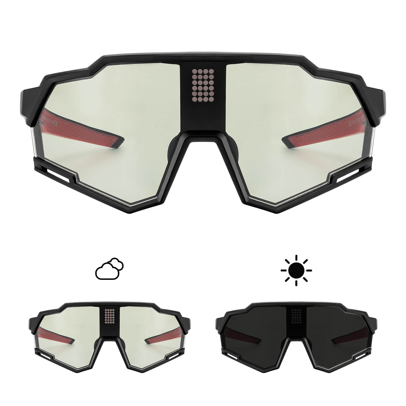 rockbros photochromic cycling sunglasses with clear lens for day and night riding.