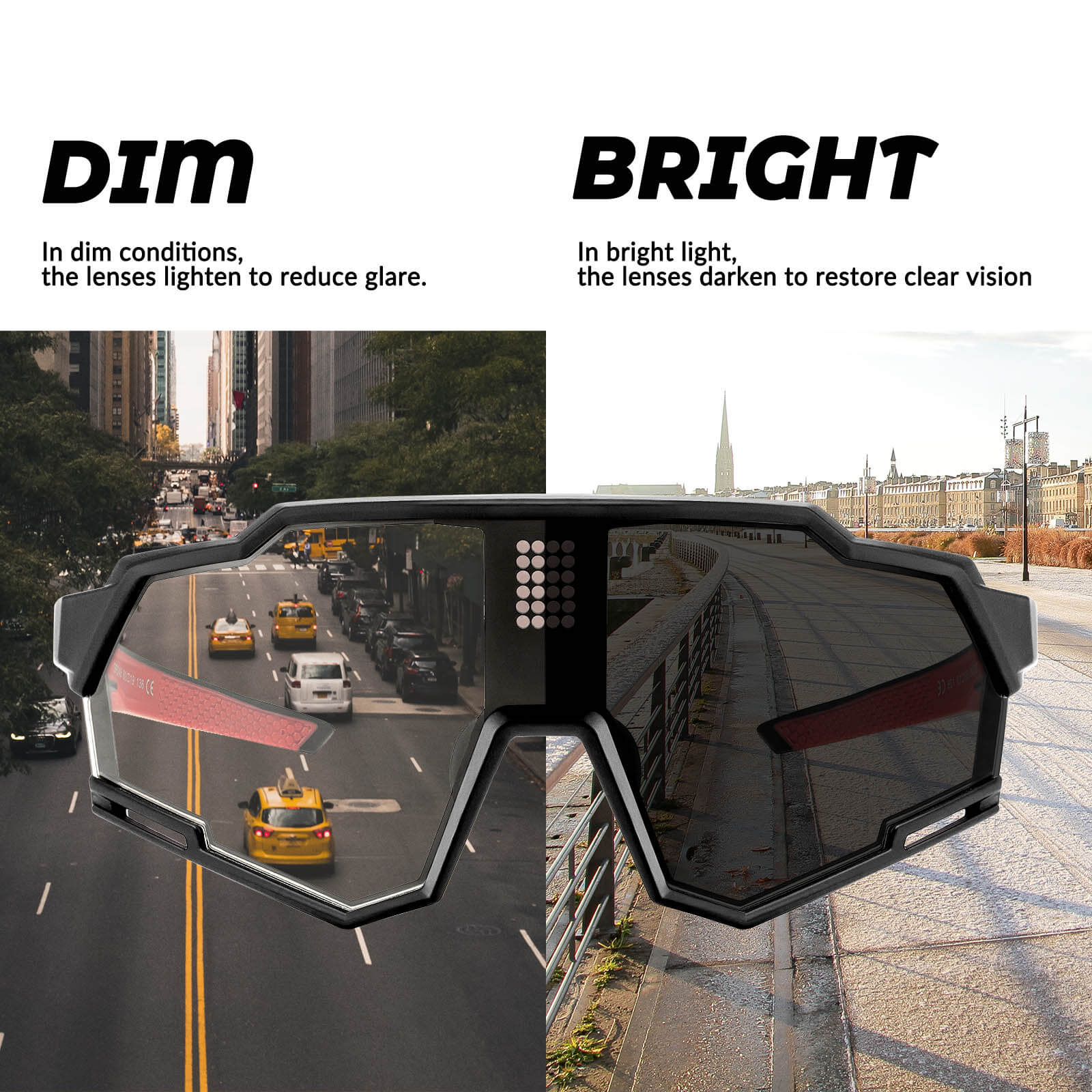 rockbros photochromic cycling sunglasses with clear lens for day and night riding.