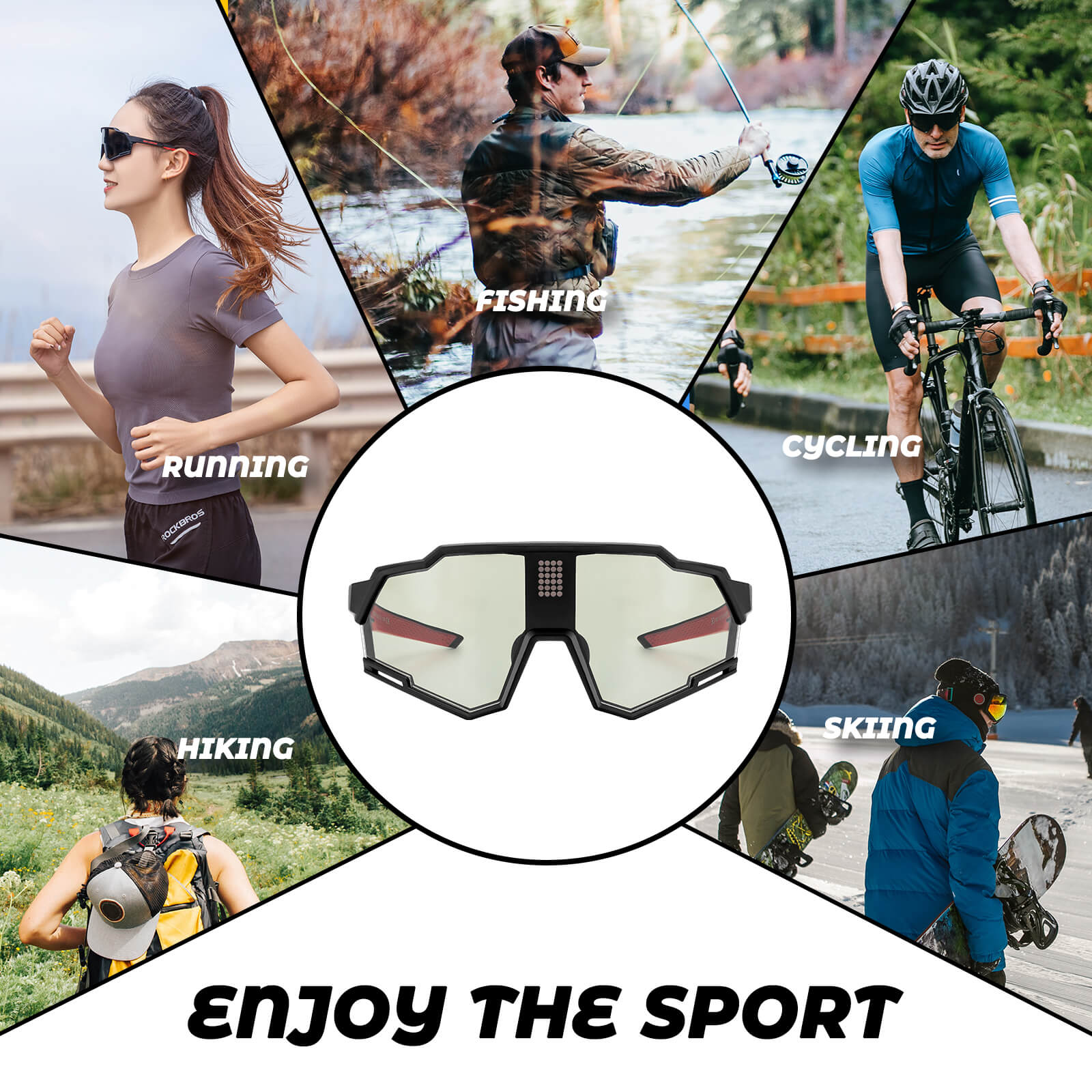 rockbros photochromic cycling sunglasses with clear lens for day and night riding.