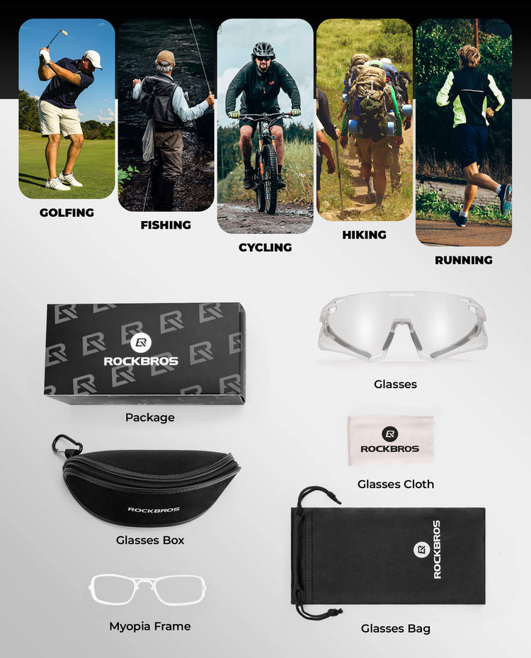 ROCKBROS Photochromic Cycling Sunglasses Golf Hiking Sports Glasses UV400