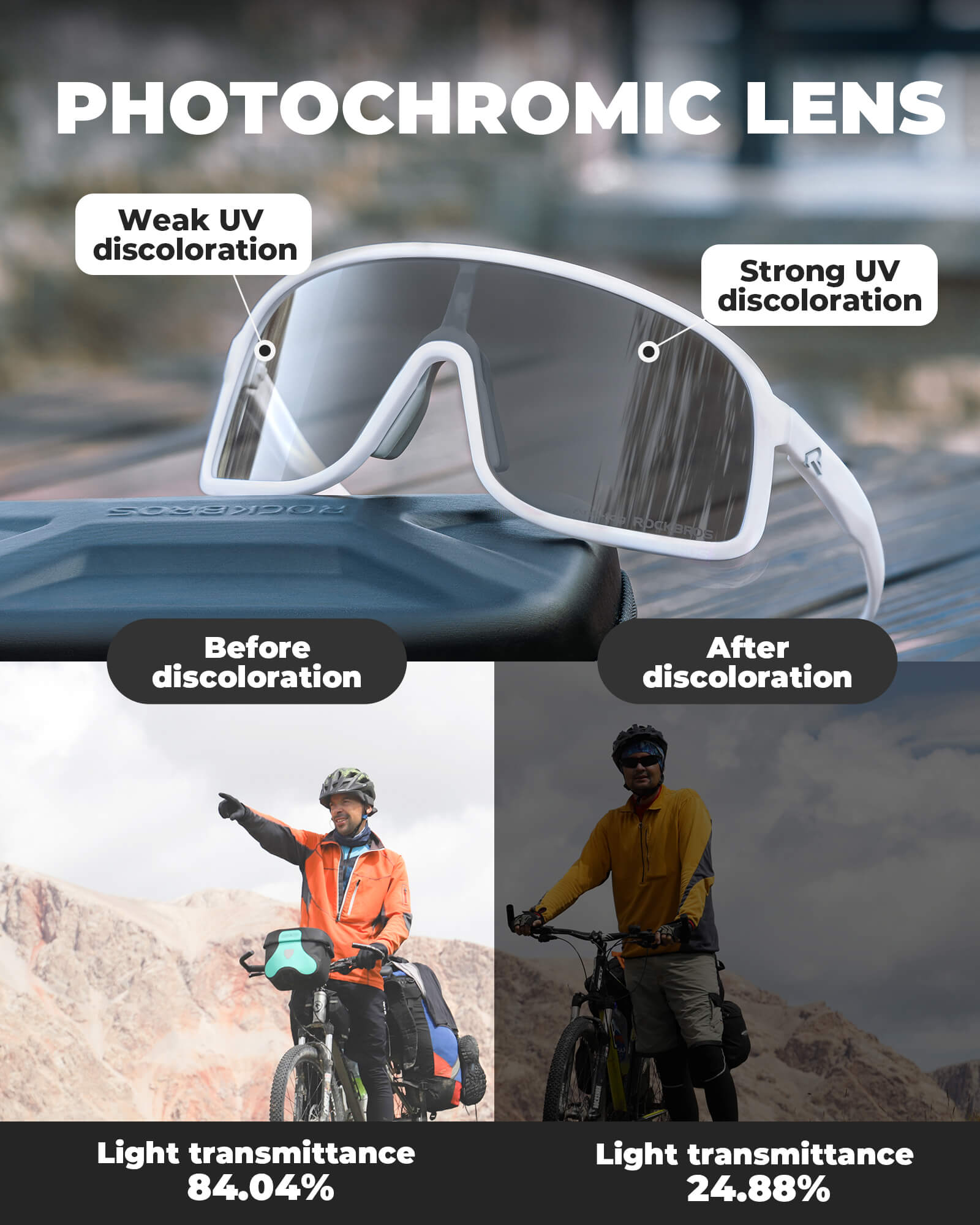 rockbros photochromic cycling sunglasses for outdoor riding
#color_white