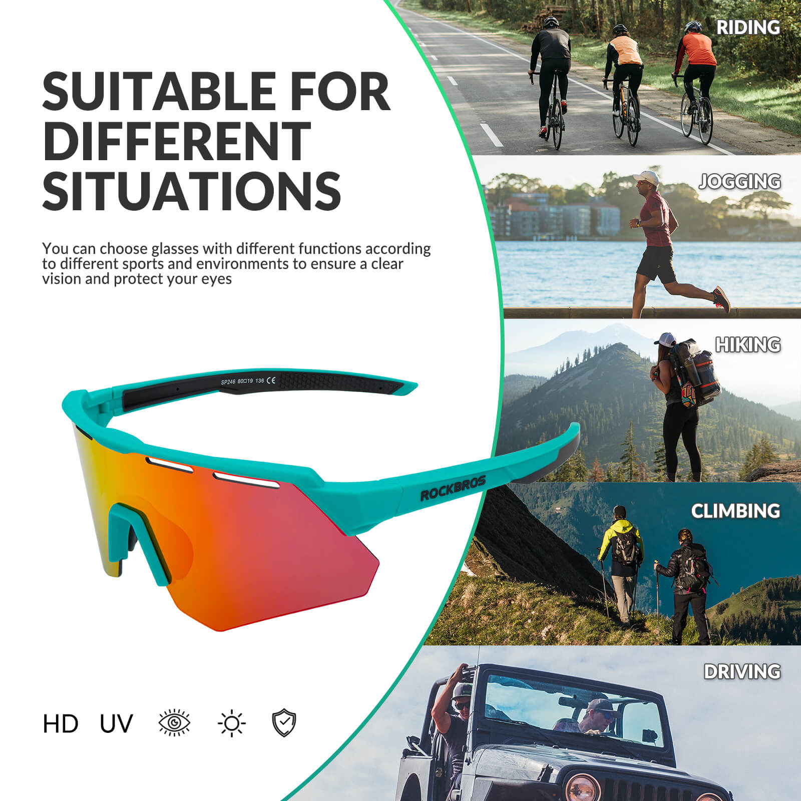 rockbros polarized cycling sunglasses for road and mountain riding.
#color_green