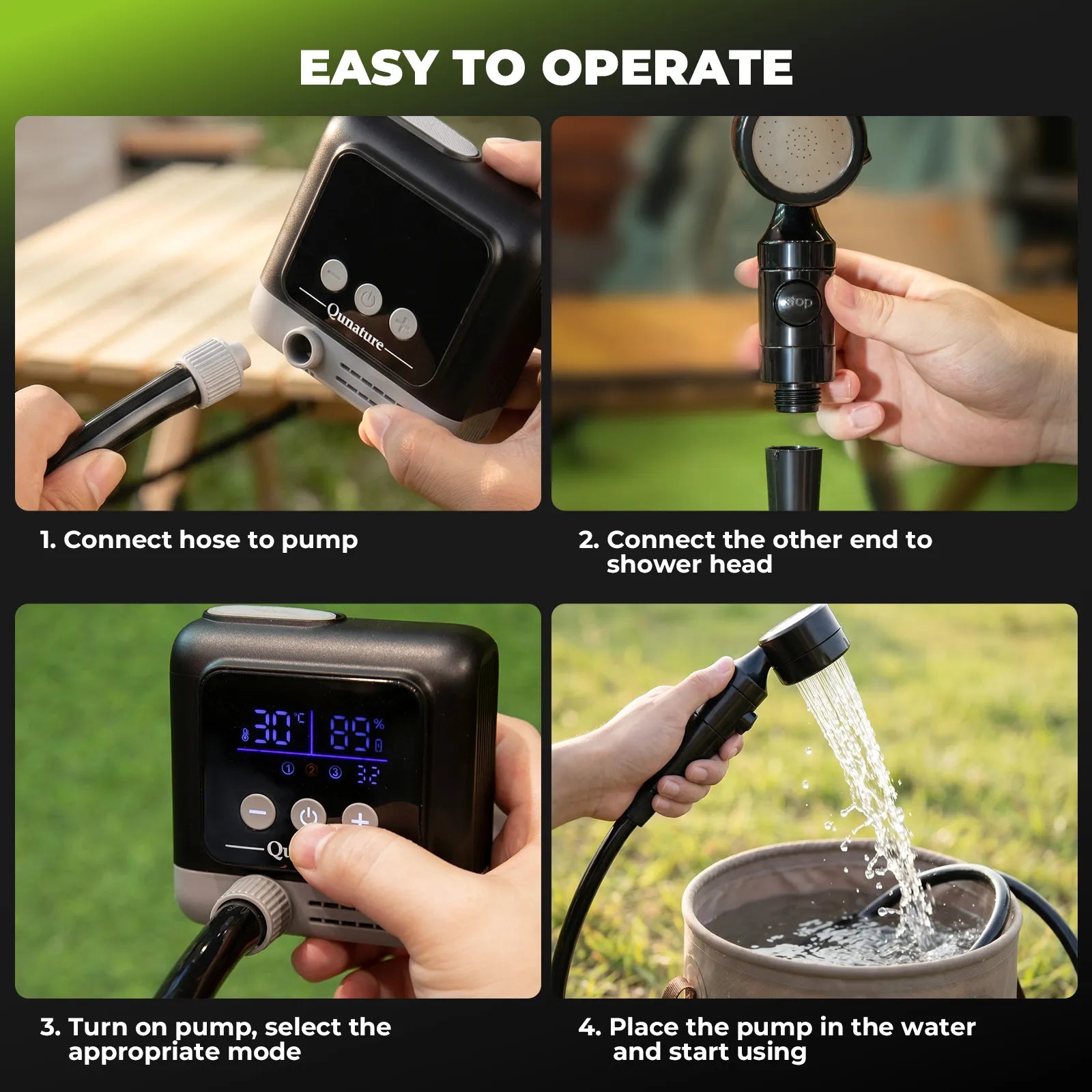 ROCKBROS portable camping shower pump with IPX8 waterproof rating, complete outdoor shower kit with pump, hose, and shower head.