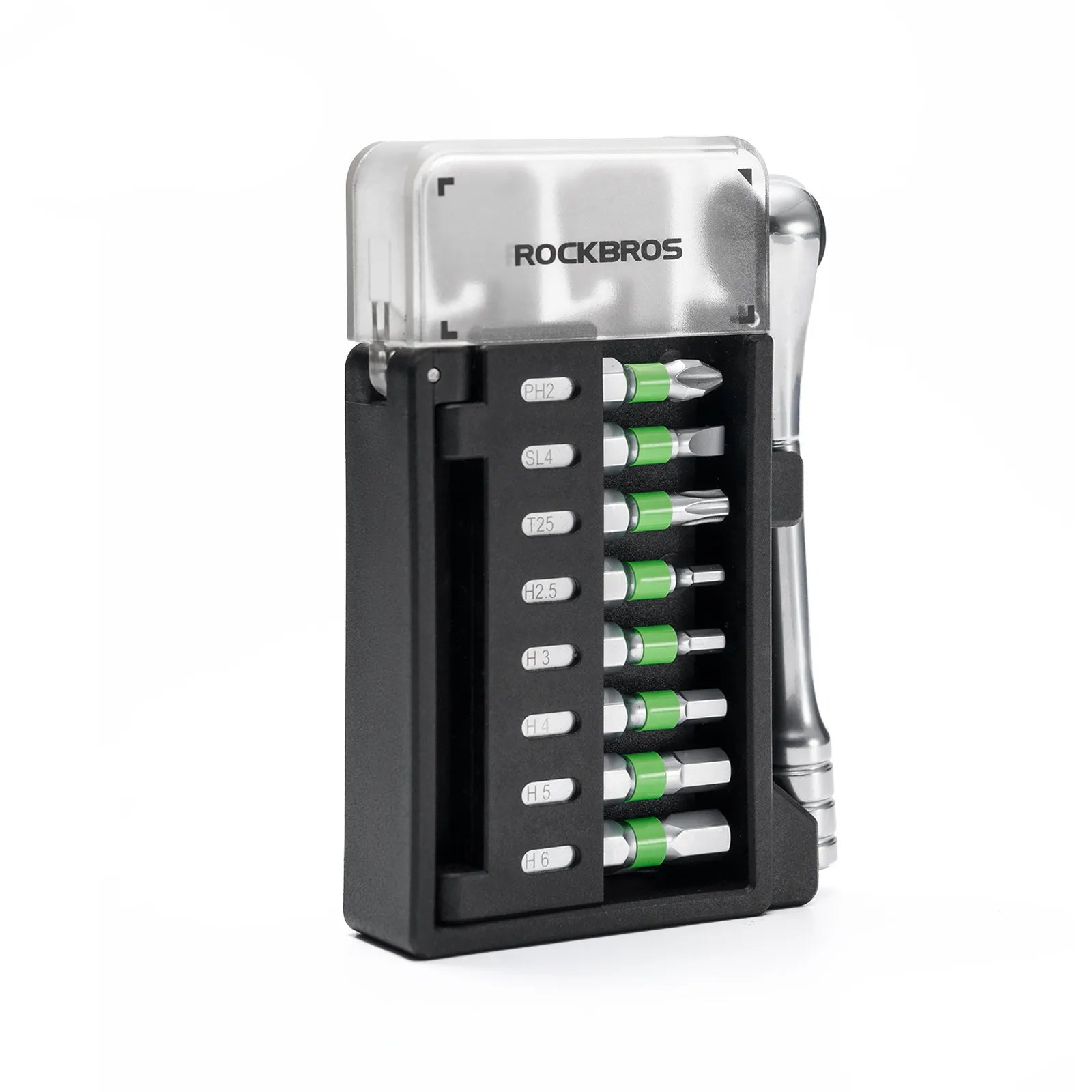 ROCKBROS Portable Hex Ratchet Wrench with Lightweight Aluminum Grip and High-Hardness S2 Steel Bits.