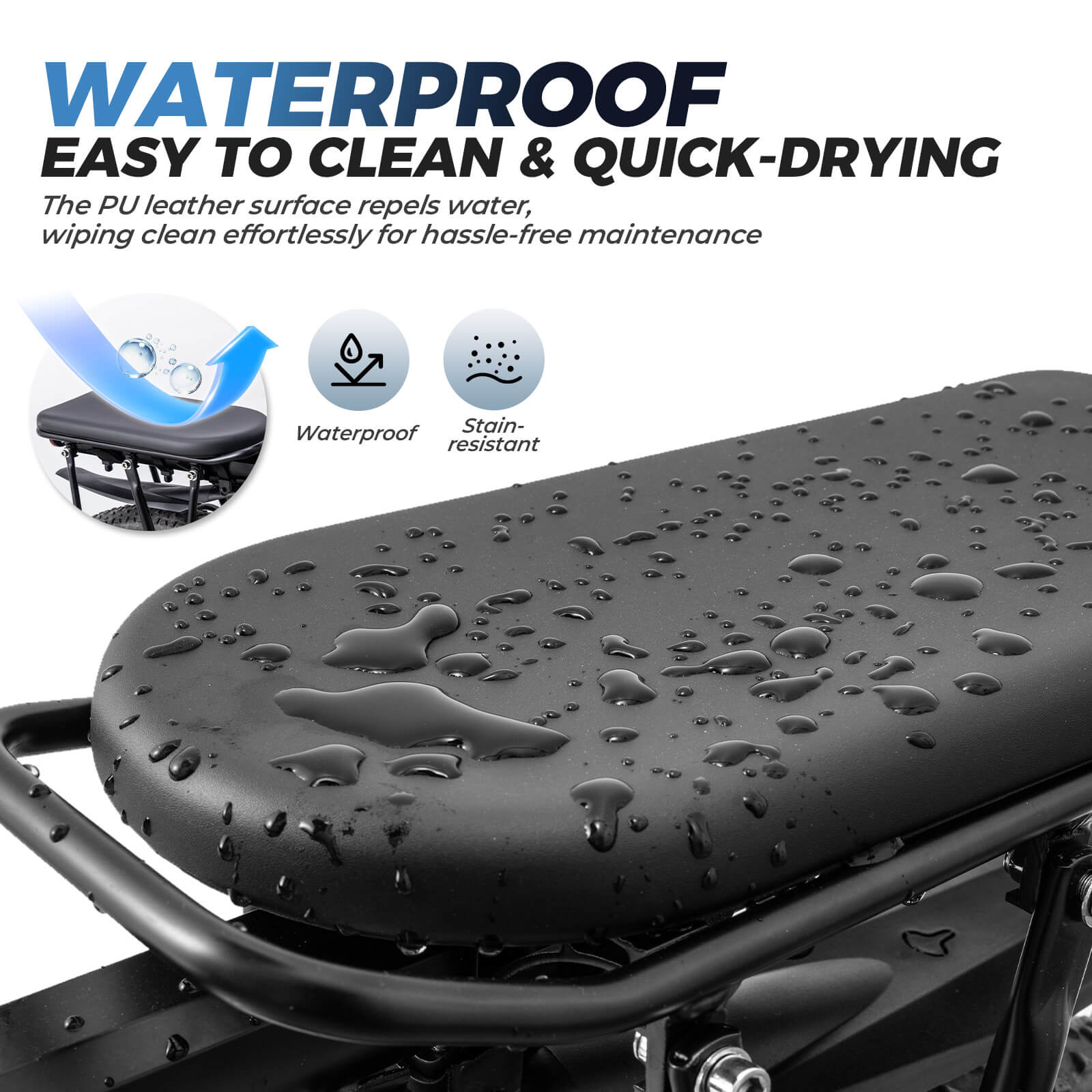 RockBros comfortable PU leather bike rear seat cushion for luggage racks, waterproof black padded bicycle passenger seat.