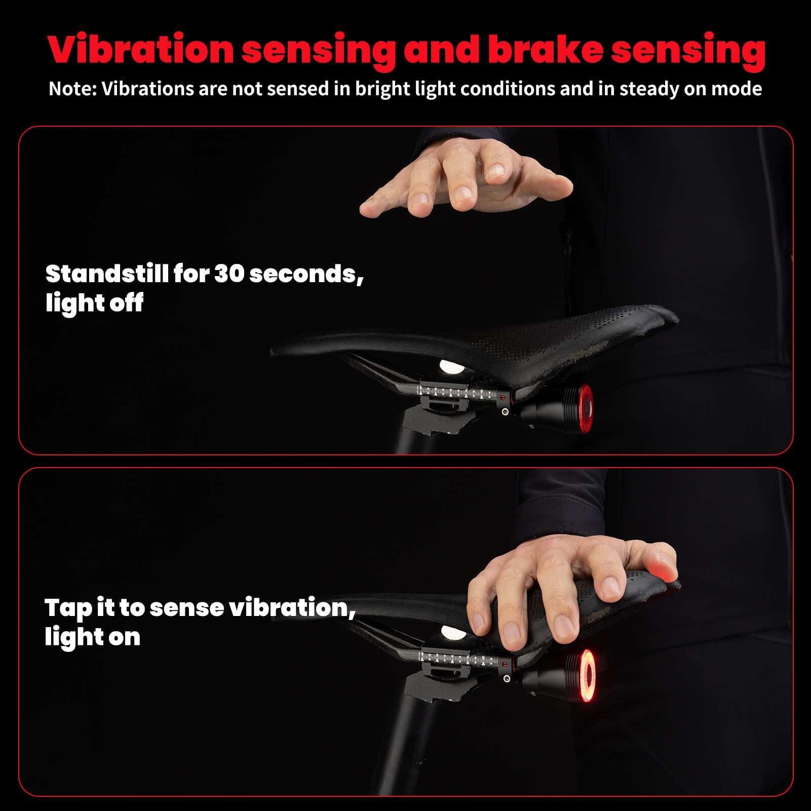 ROCKBROS brake-sensing bike tail light for night cycling.
#option_TL907Q50-Saddle + Seatpost Mount