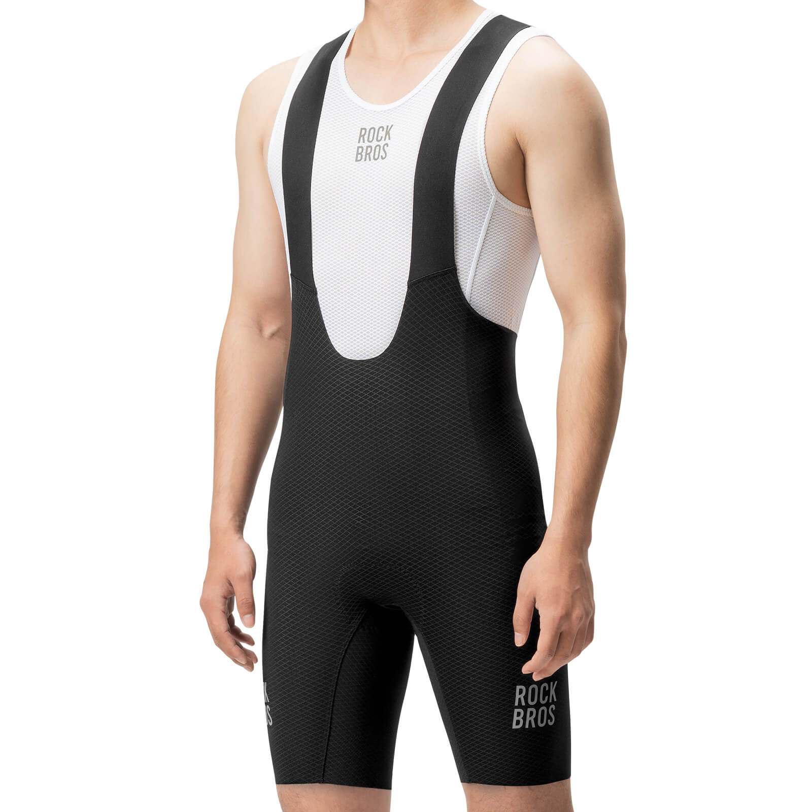 Seamless high-stretch compression fabric on ROCKBROS black cycling bib shorts.
#color_black