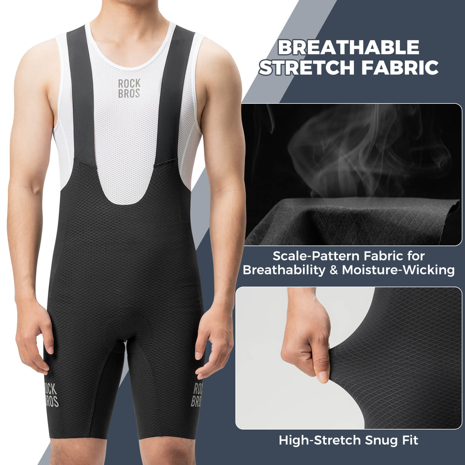 Seamless high-stretch compression fabric on ROCKBROS black cycling bib shorts.
#color_black