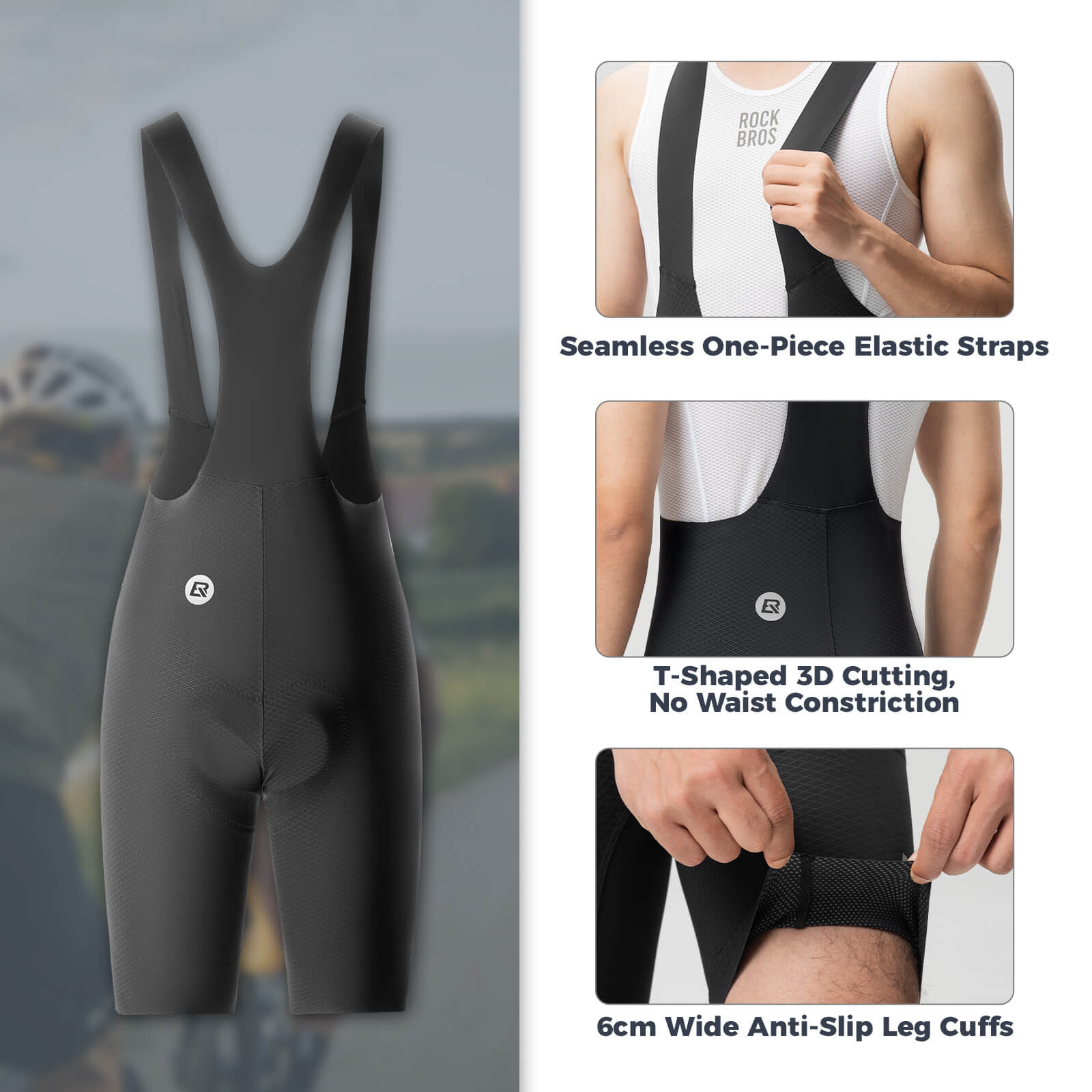 Seamless high-stretch compression fabric on ROCKBROS black cycling bib shorts.
#color_black