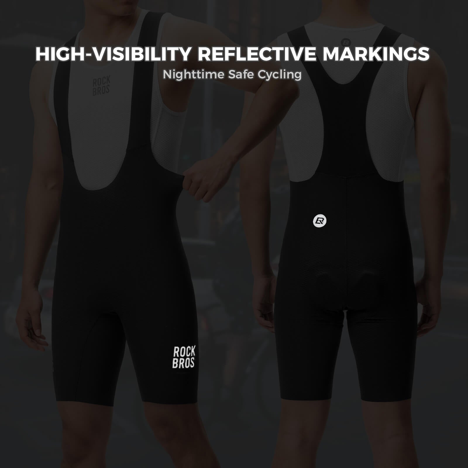 Seamless high-stretch compression fabric on ROCKBROS black cycling bib shorts.
#color_black