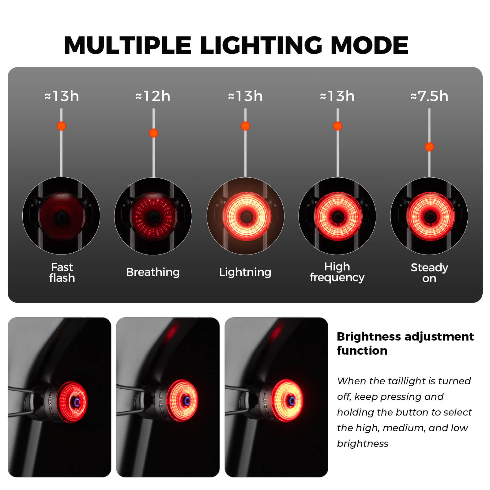 rockbros smart brake-sensing bike tail light for daily cycling safety.
#option_Handle plug light