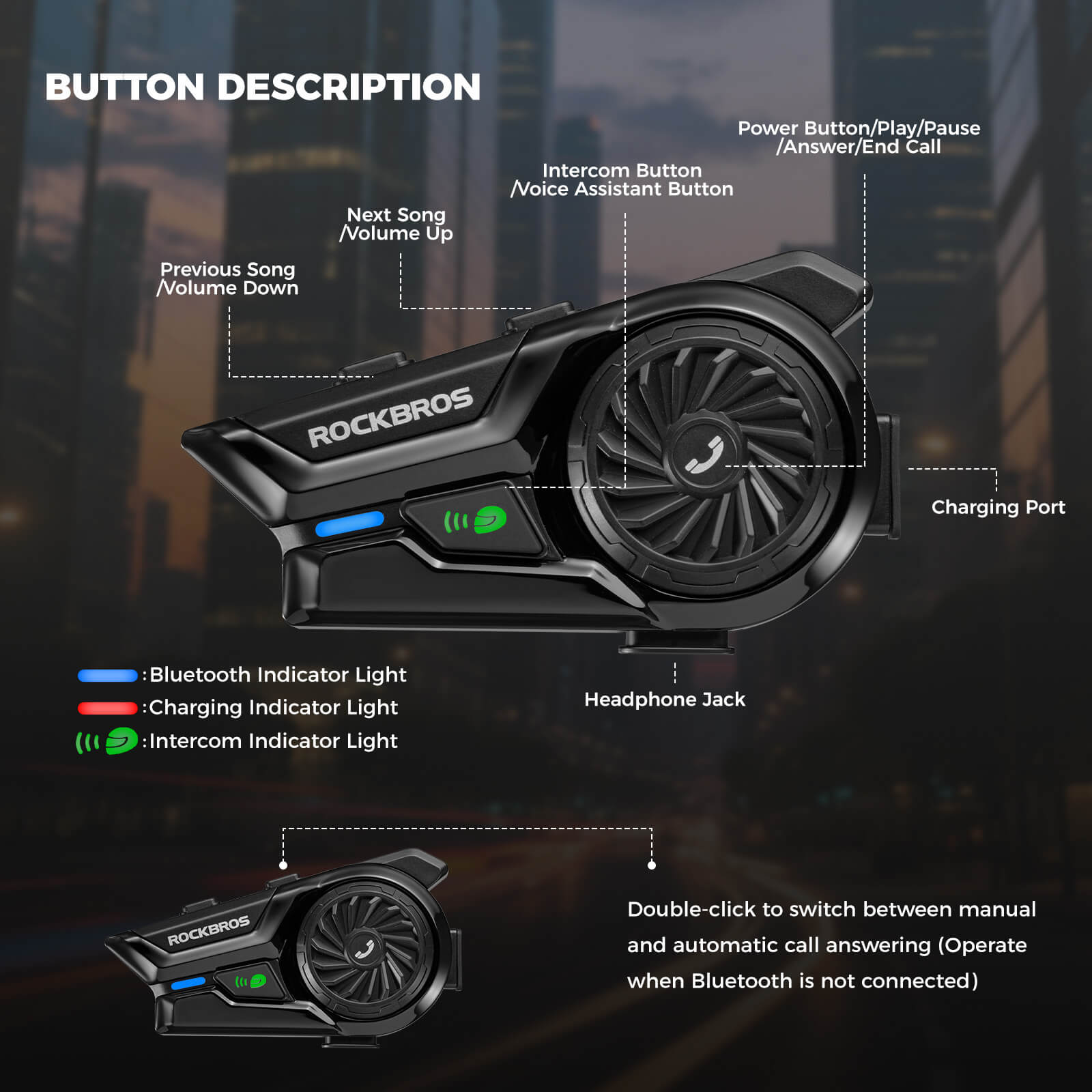ROCKBROS R1 Bluetooth helmet headset with hands-free calling for motorcycle riding.