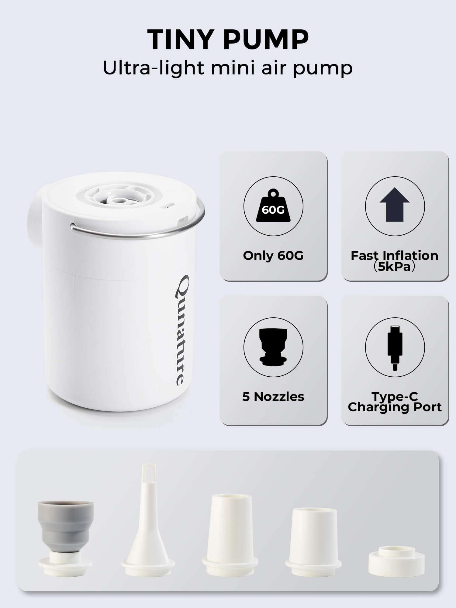 Qunature Rapid-Fill Mini Electric Pump, High-Pressure Cordless Air Inflator for Portable Use.
#color_white