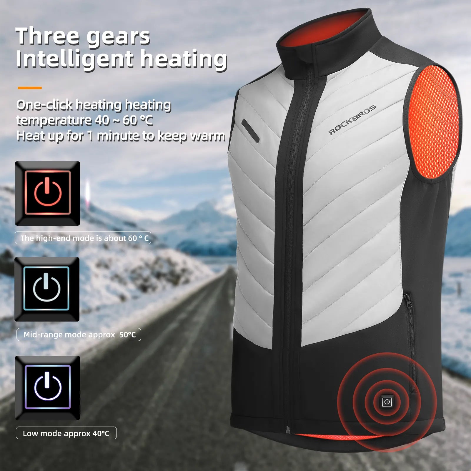 ROCKBROS rechargeable heated vest with 5 heating zones front view