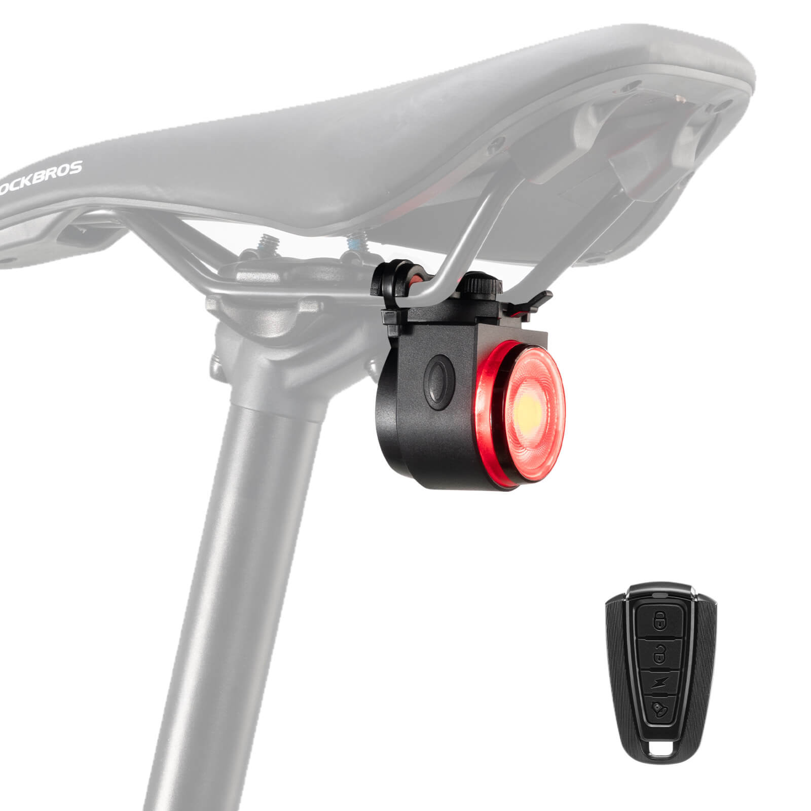 Rockbros wireless remote bike tail light with anti-theft alarm for night cycling safety.