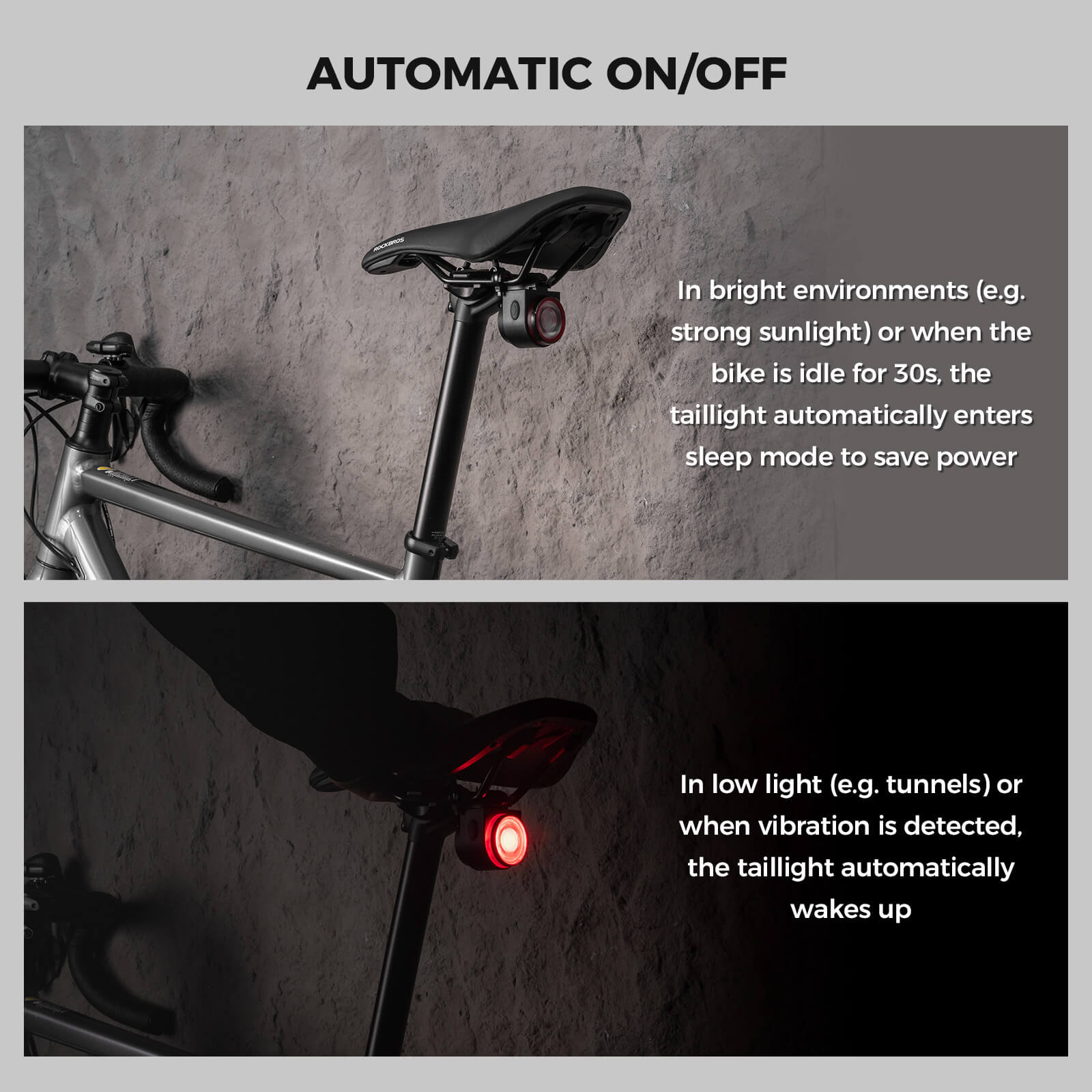 Rockbros wireless remote bike tail light with anti-theft alarm for night cycling safety.