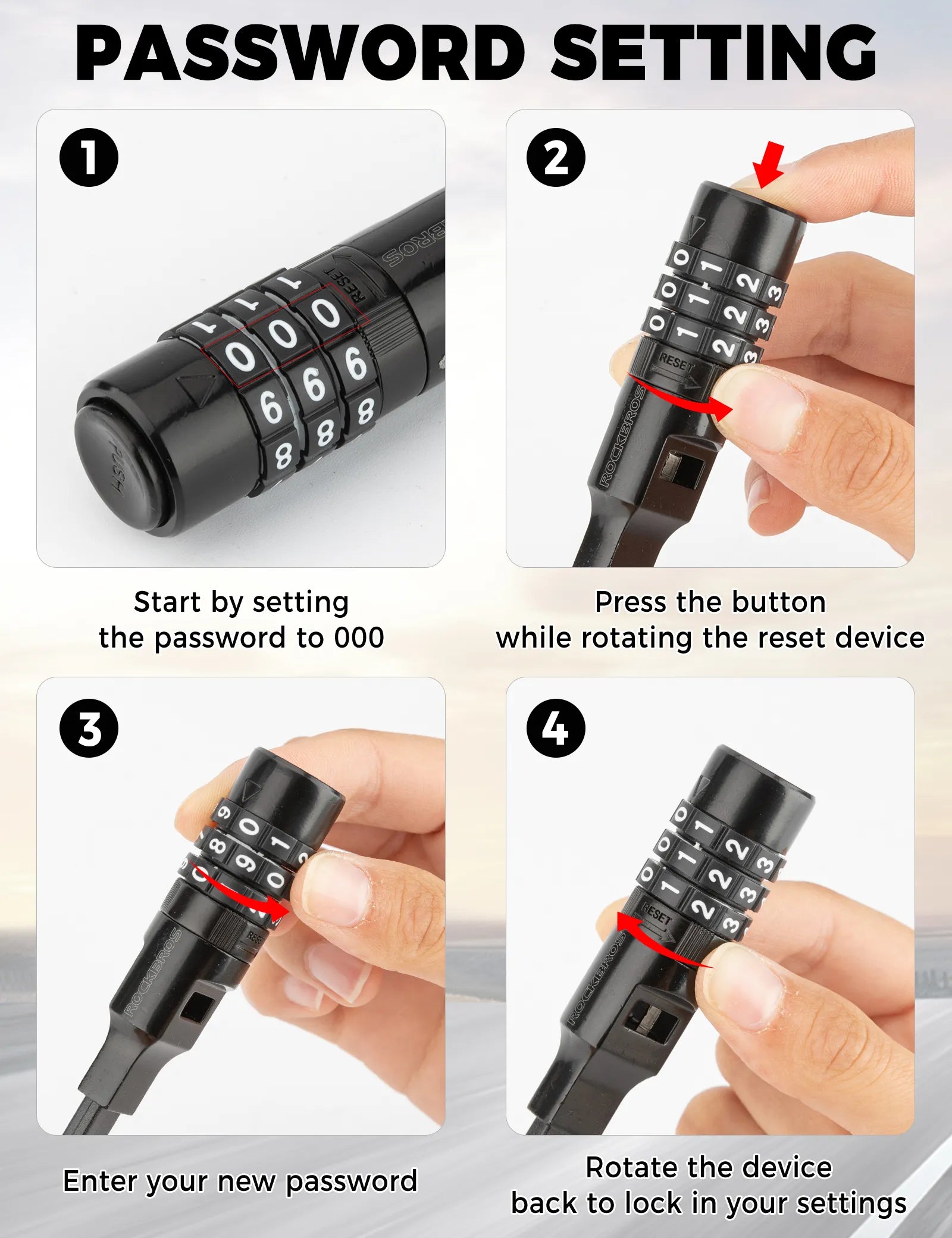ROCKBROS Anti-theft Zip Tie Bike Lock - Lightweight Resettable 3-Digit Combination Cable Lock for Bicycles.