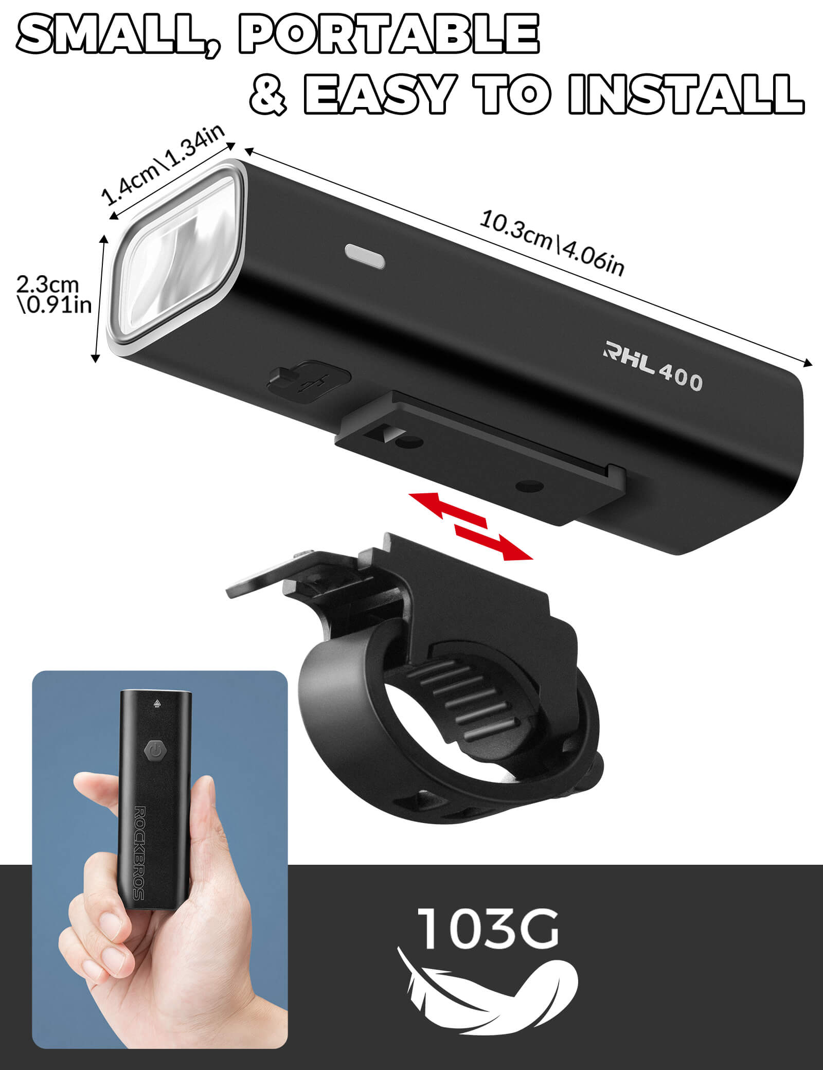 rockbros RHL400 high-lumen front light for night riding.
#option_400LM Black