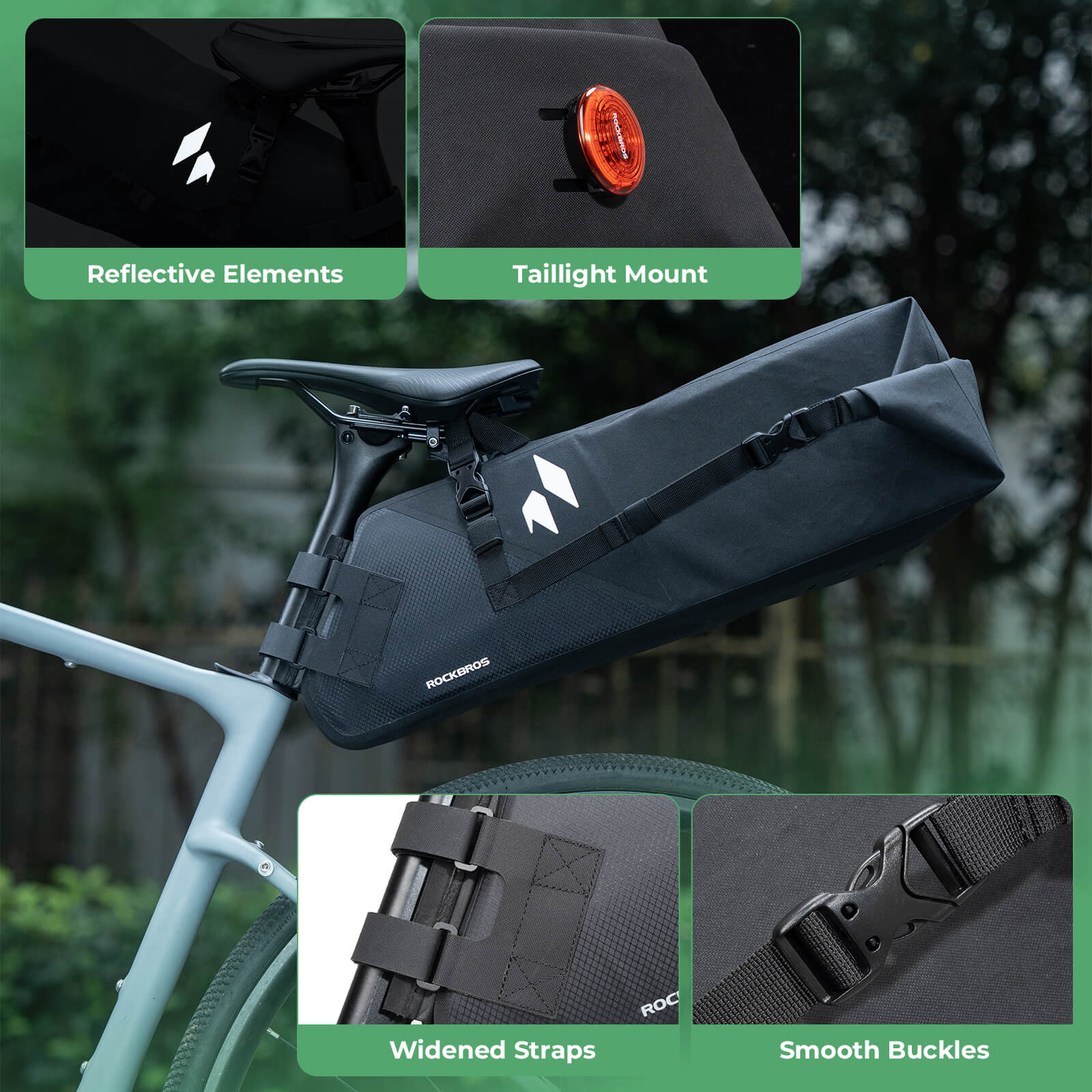 rockbros waterproof 13l saddle bag for rainy day cycling.