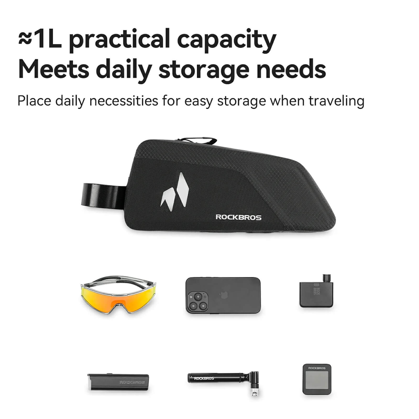 ROCKBROS rainproof cycling top tube bag for all-weather riding.