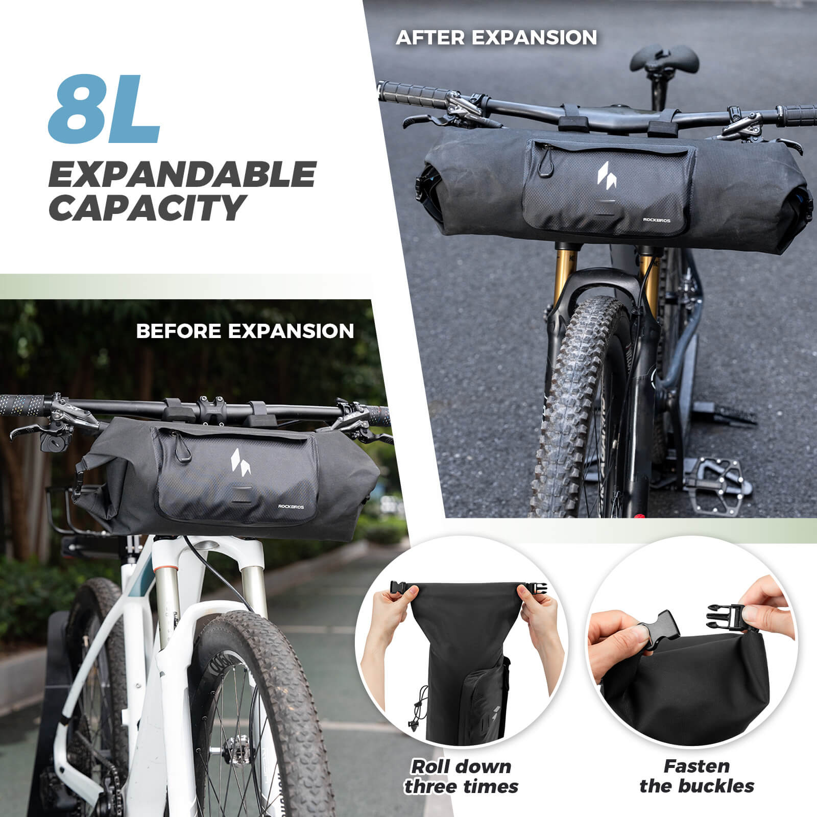 ROCKBROS waterproof 8l handlebar bag for rainy day cycling.