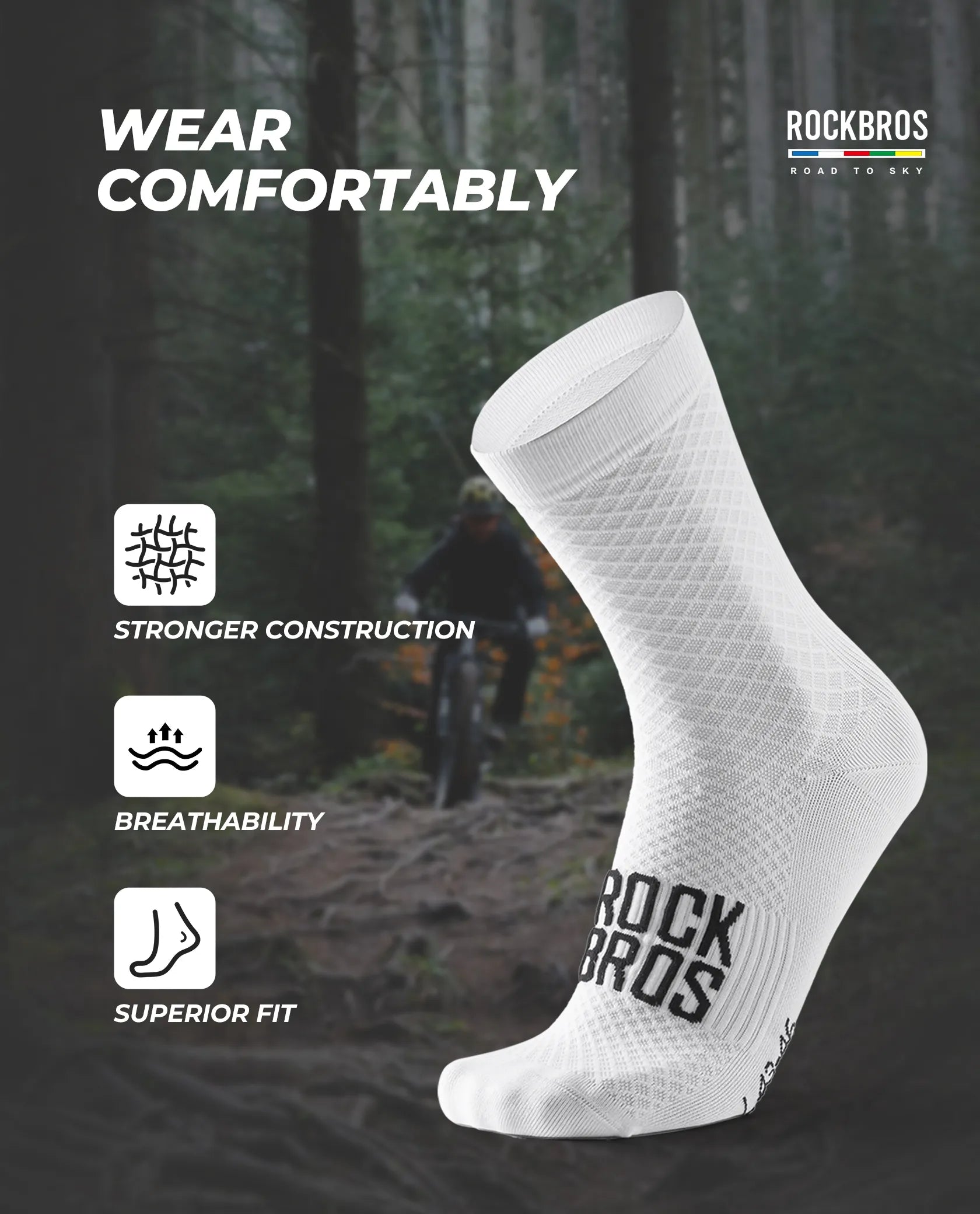 ROCKBROS Road to Sky series professional cycling socks with elastic rib cuff for men and women.
#color_white