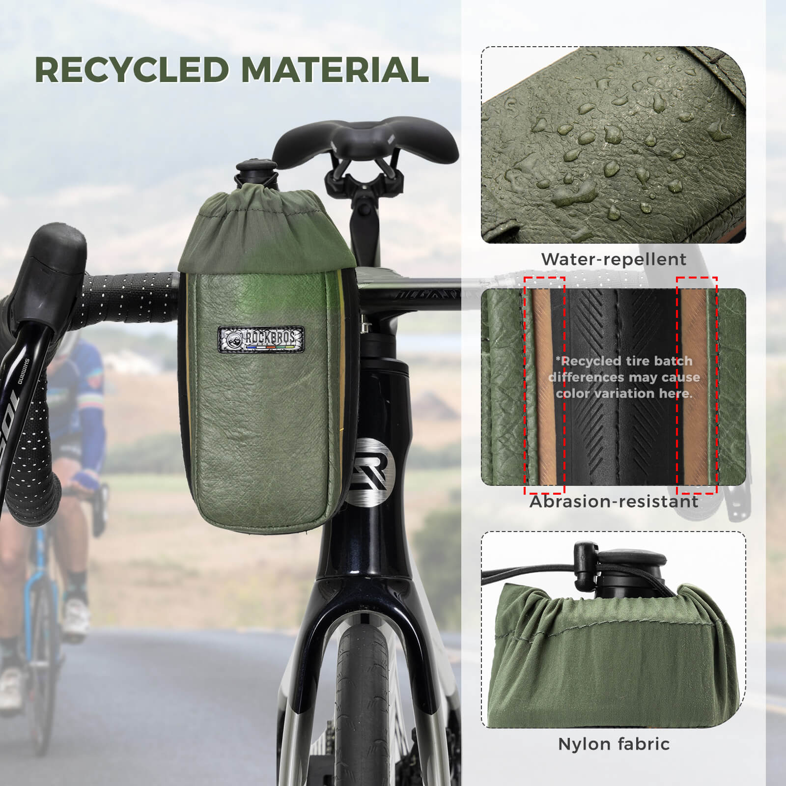 ROCKBROS ROAD TO SKY 0.8L Upcycled Tire Rubber Bike Bottle Bag, Eco-Friendly & Scuff-Proof Handlebar Pouch for MTB & Road Cycling.