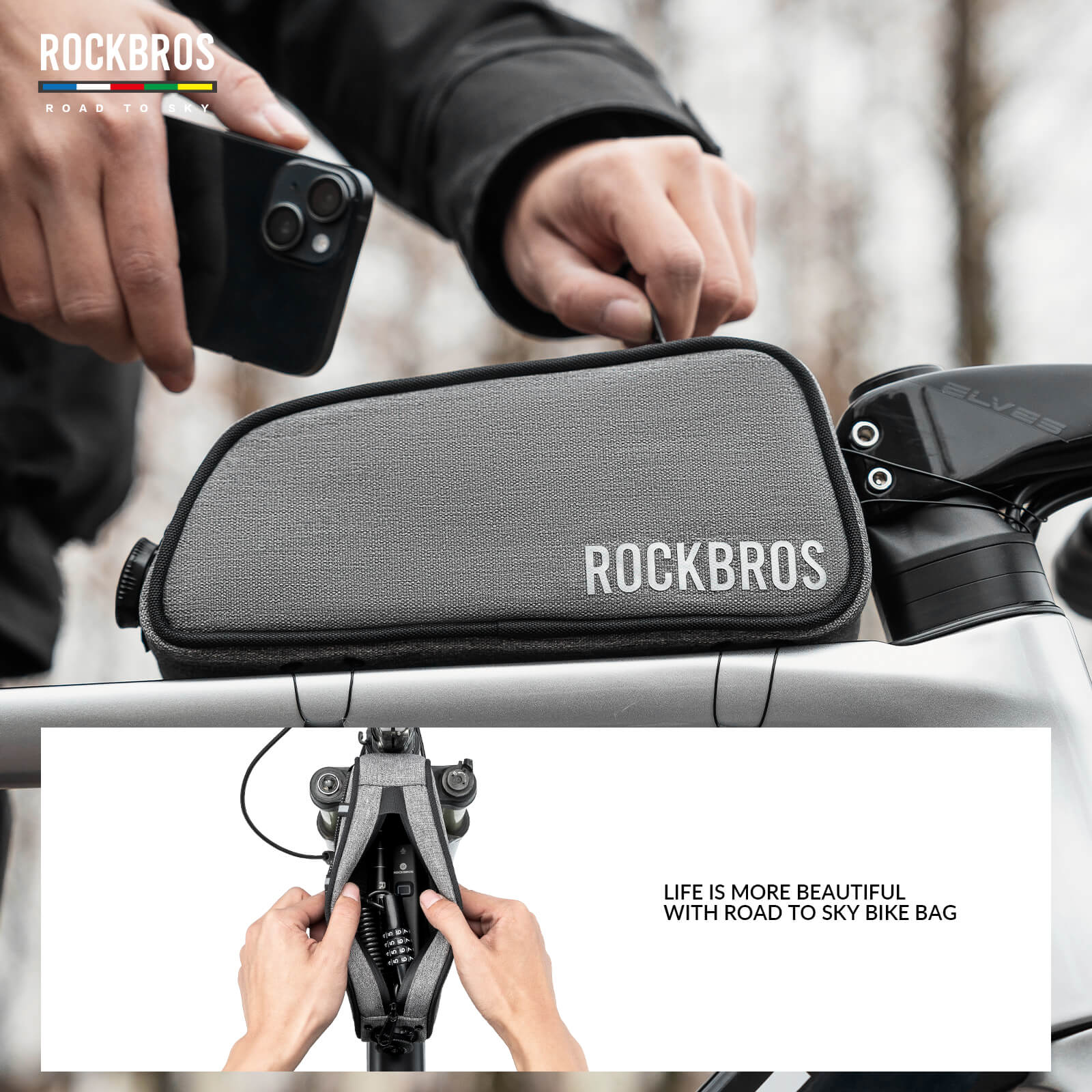 rockbros road to sky cycling bag one-click lock multi-colour.
#color_grey
