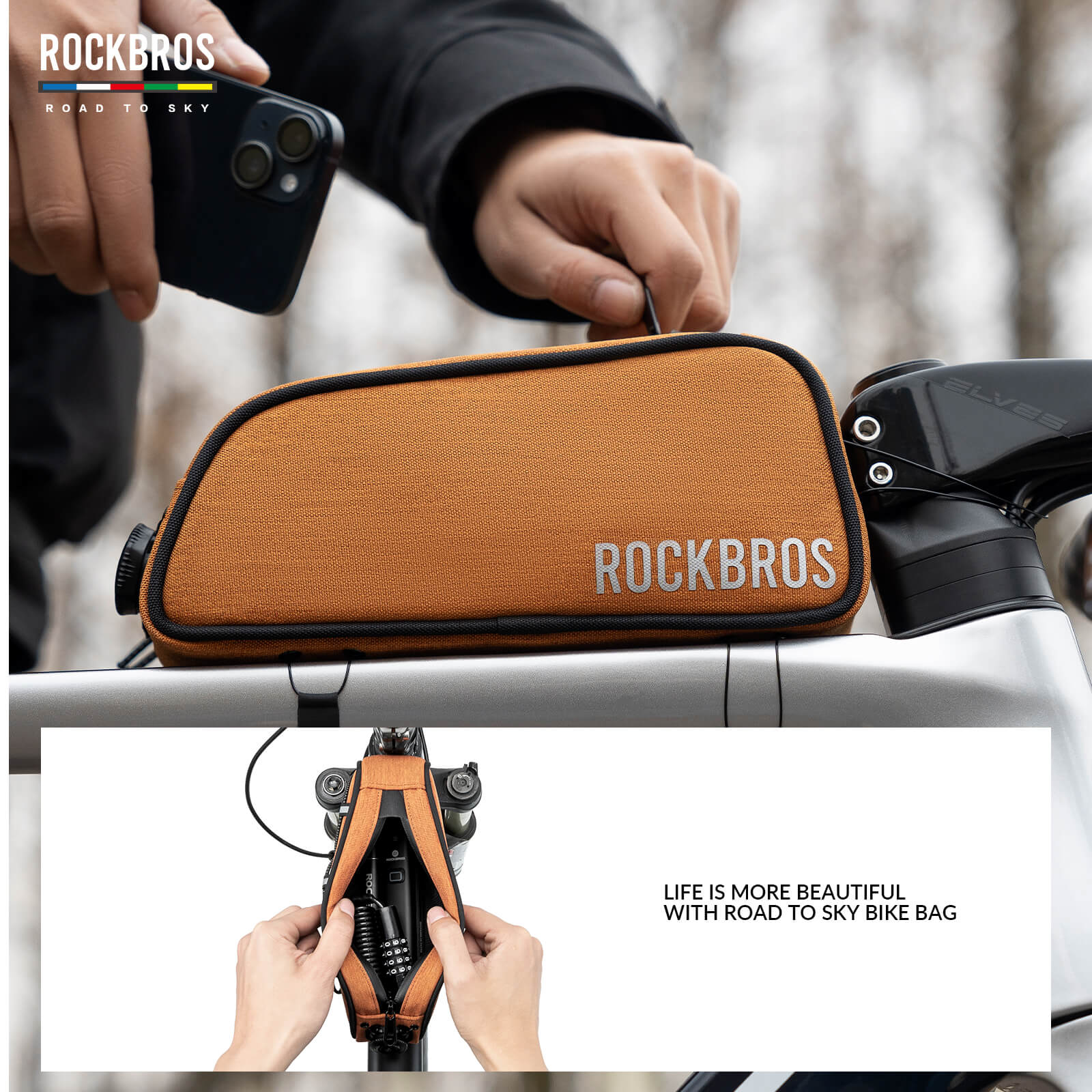 rockbros road to sky cycling bag one-click lock multi-colour.
#color_orange