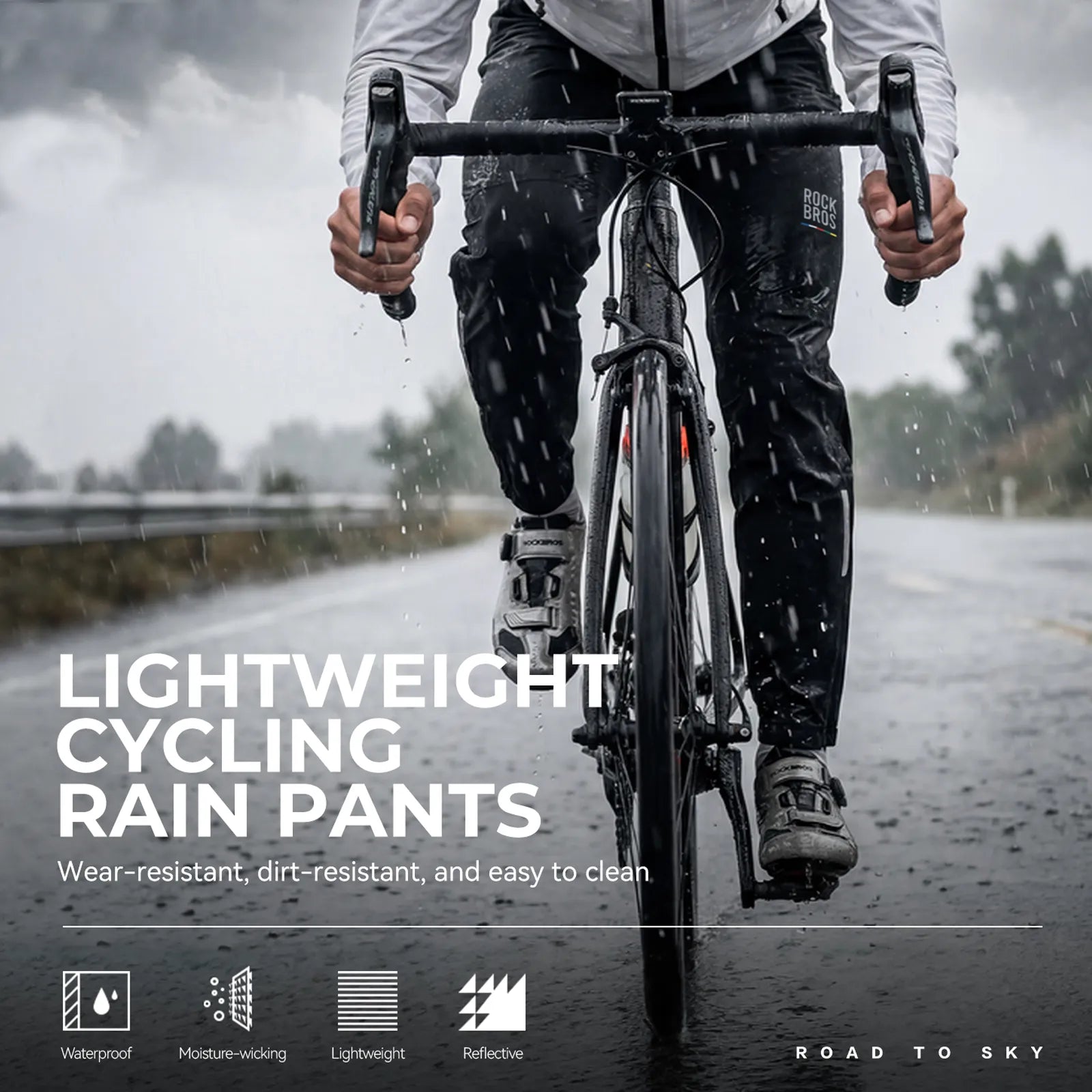 Rockbros Road to Sky unisex waterproof cycling rain pants in black, fully seam-sealed design.