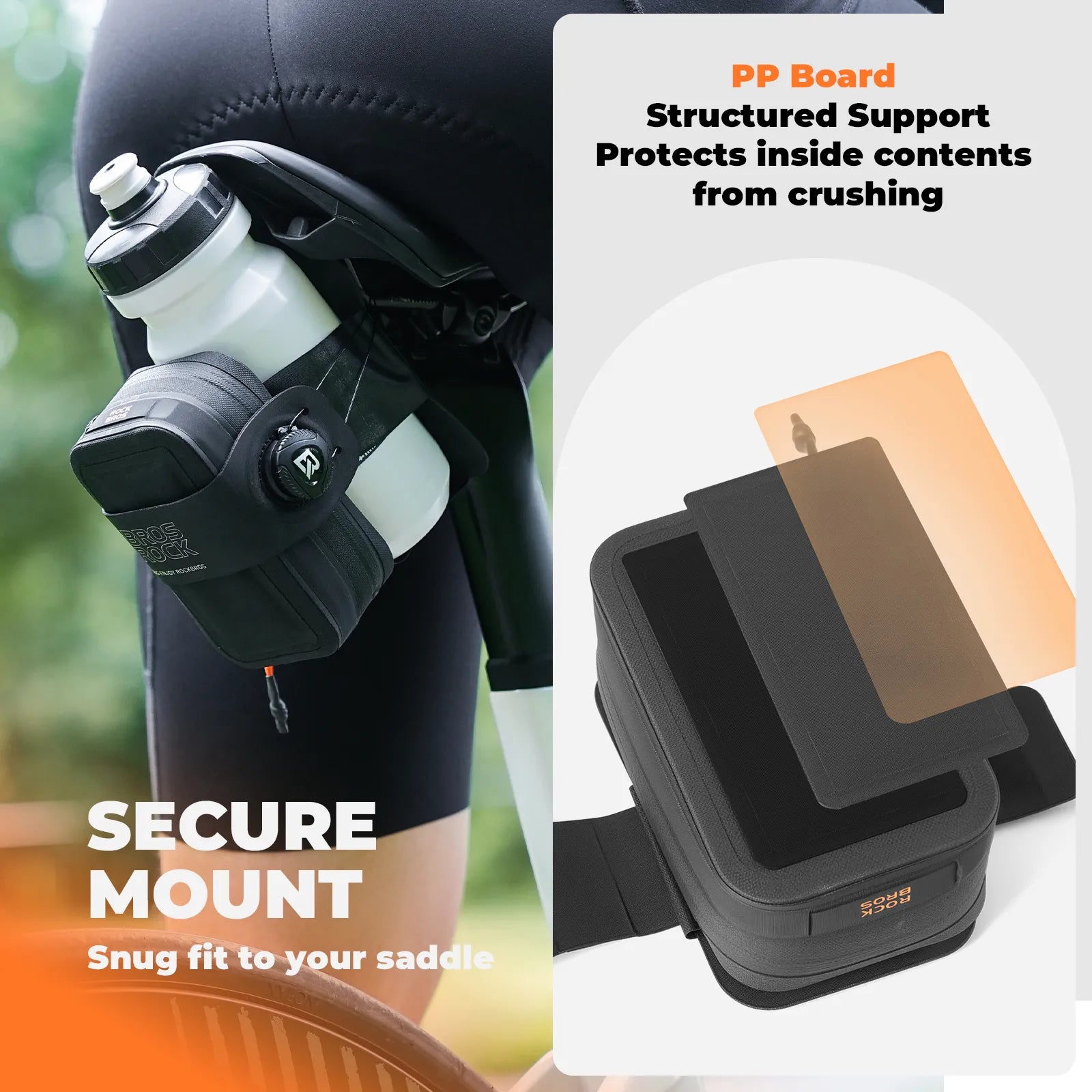 ROCKBROS Waterproof Bike Saddle Bag with Integrated Dial Lock and Water Bottle Holder - Matte Black.
