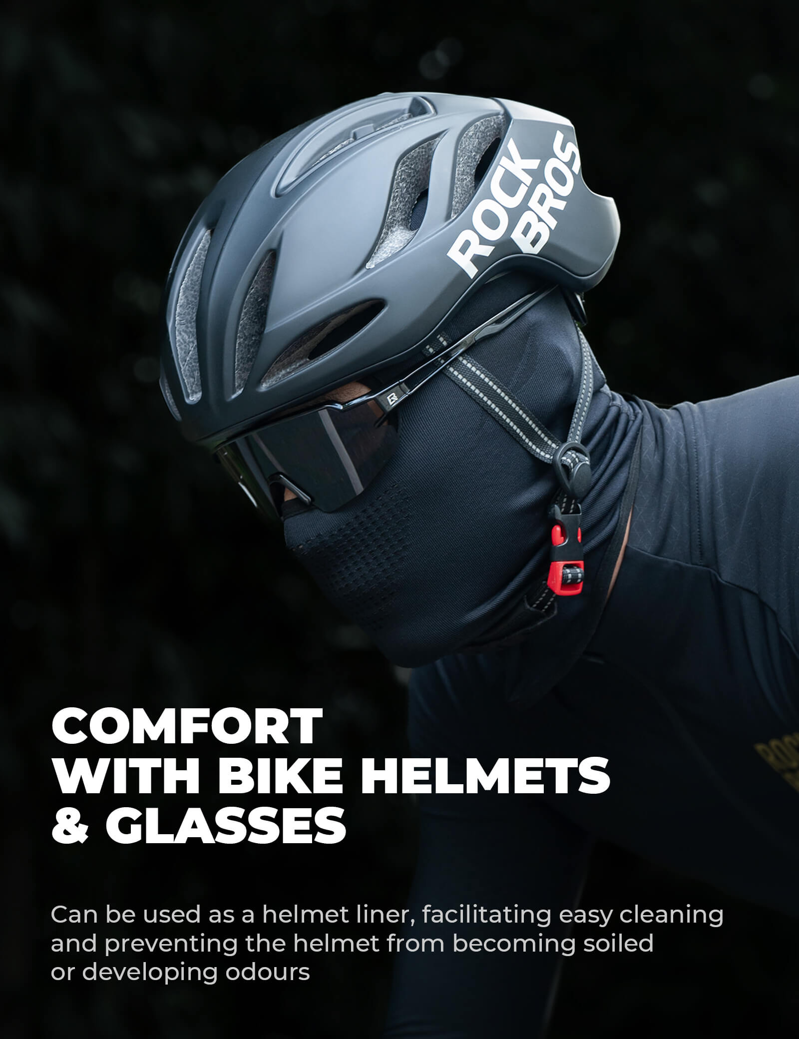 RockBros Seamless Knitted Black Face Mask for Cycling and Outdoor Sports, showing full-face coverage.